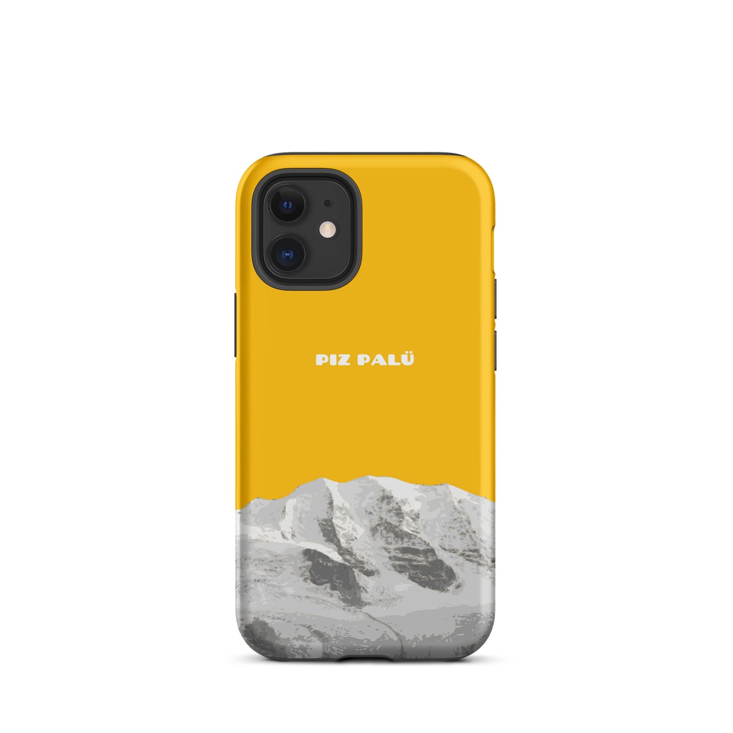 Goldgelbe iPhone 12 mini Hülle mit Piz Palü Motiv aus Graubünden, robustes Design