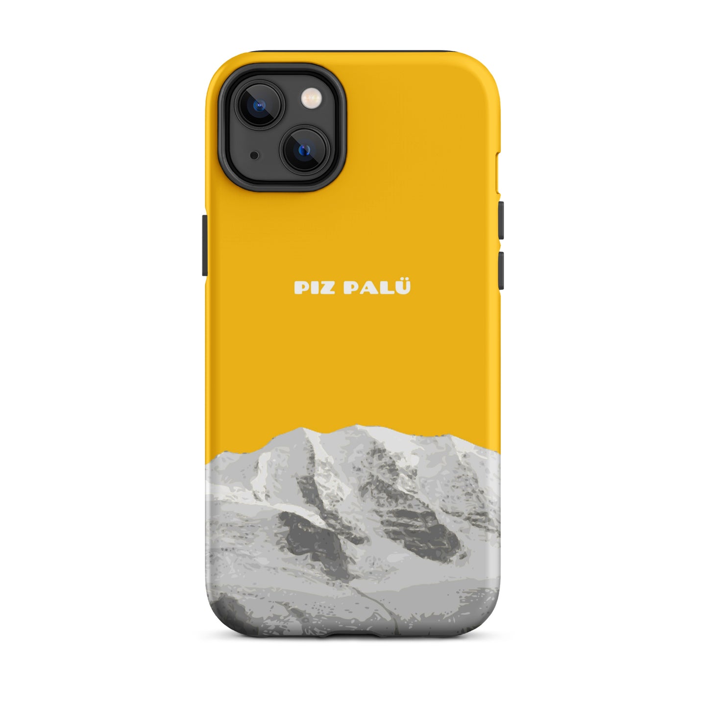 Goldgelbe iPhone 14 Plus Handyhülle mit Piz Palü Motiv aus Graubünden, schützende Silikonhülle.