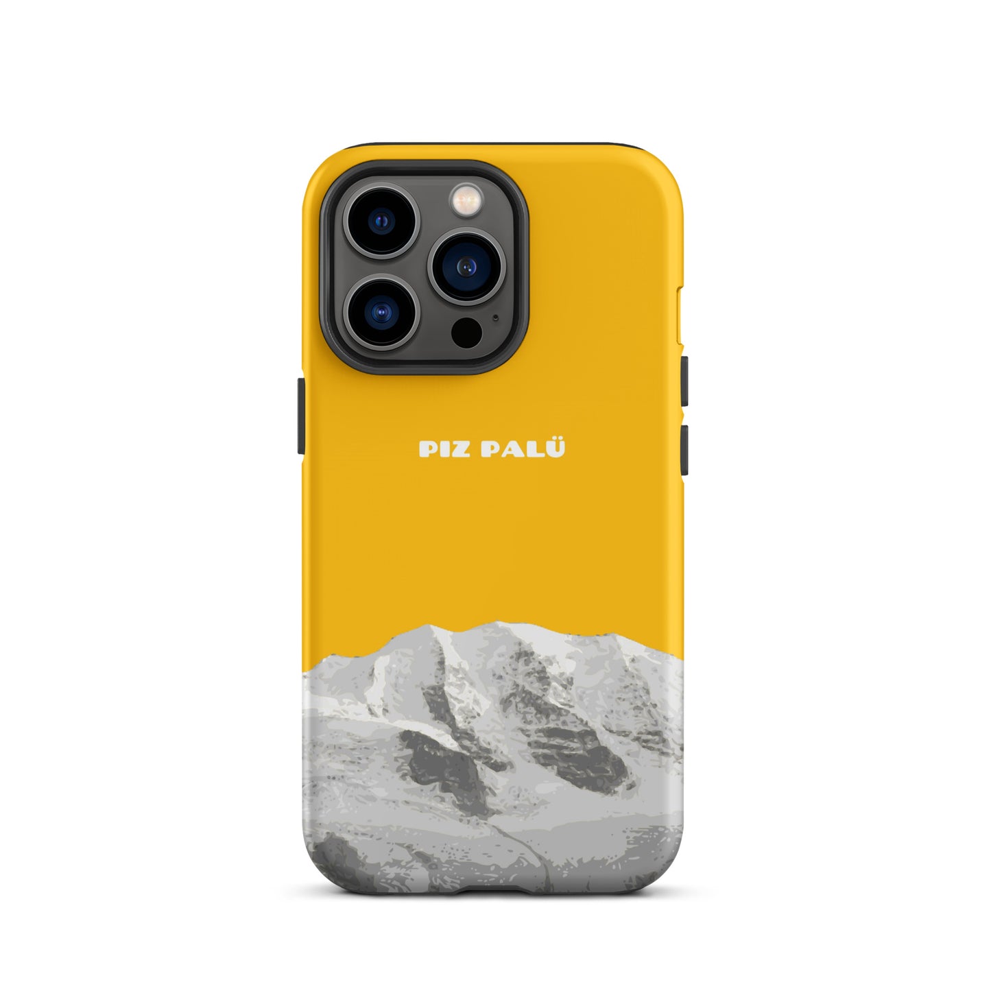 Goldgelbe iPhone 13 Pro Handyhülle aus robustem Material mit Piz Palü Motiv aus Graubünden.