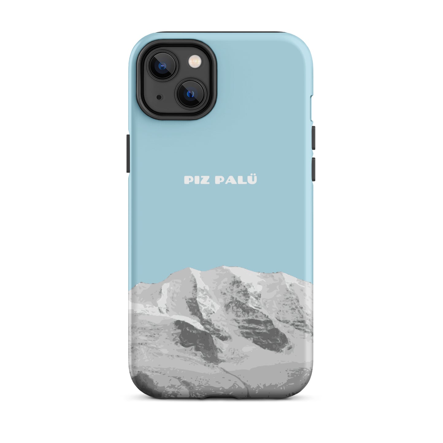 Hellblaue iPhone 14 Plus Hülle mit Piz Palü Motiv aus Graubünden, schützende Silikonhülle.