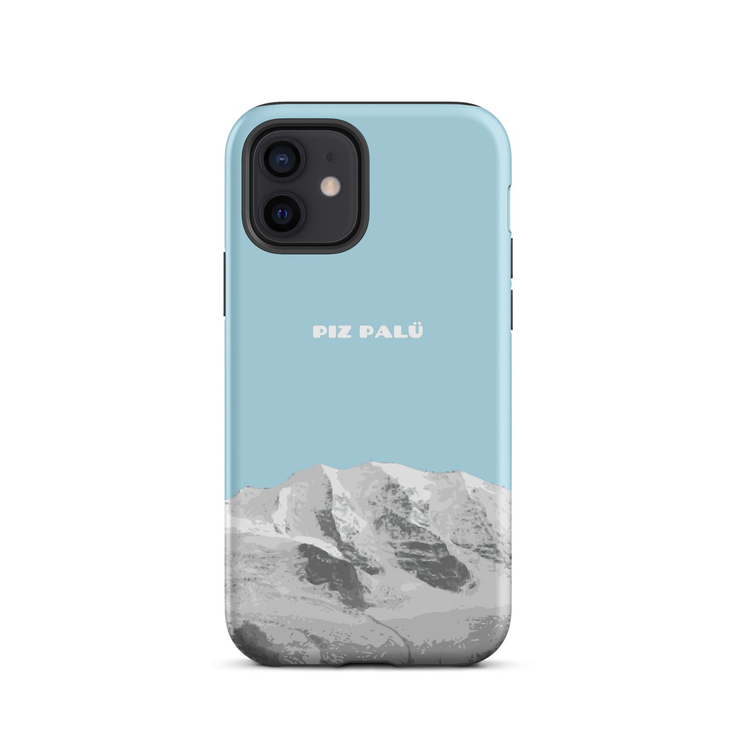 Hellblaue iPhone 12 Hülle mit Piz Palü Motiv aus Graubünden, schützende Handyhülle aus robustem Material.