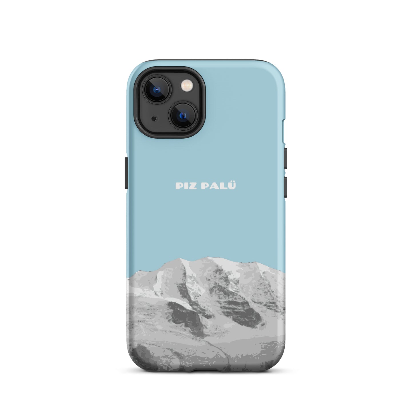 Hellblaue iPhone 13 Handyhülle aus robustem Material mit Piz Palü Motiv aus Graubünden.