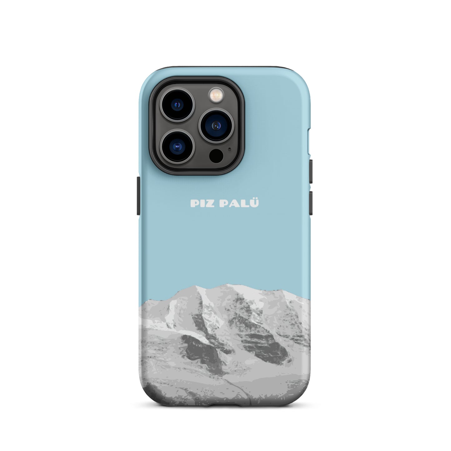 iPhone 14 Pro Hülle in Hellblau mit Piz Palü Motiv aus Graubünden, Schweiz.
