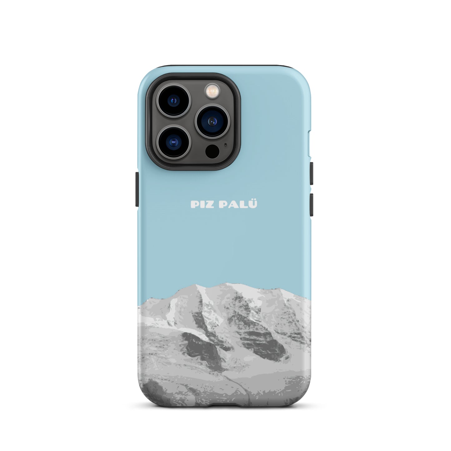 Hellblaue iPhone 13 Pro Hülle mit Piz Palü Motiv aus Graubünden, robustes Design.