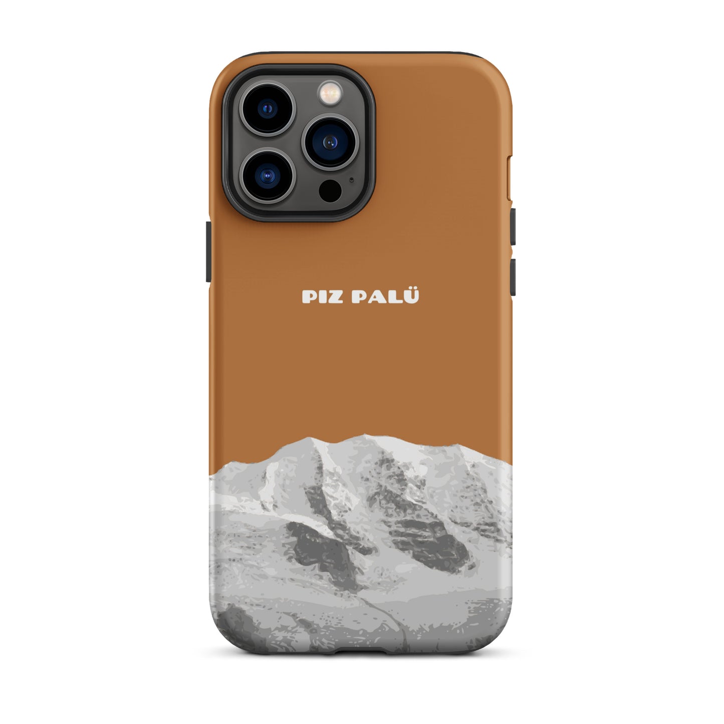 Kupferfarbene iPhone 13 Pro Max Hülle mit Piz Palü Motiv aus Graubünden, präzise Passform.