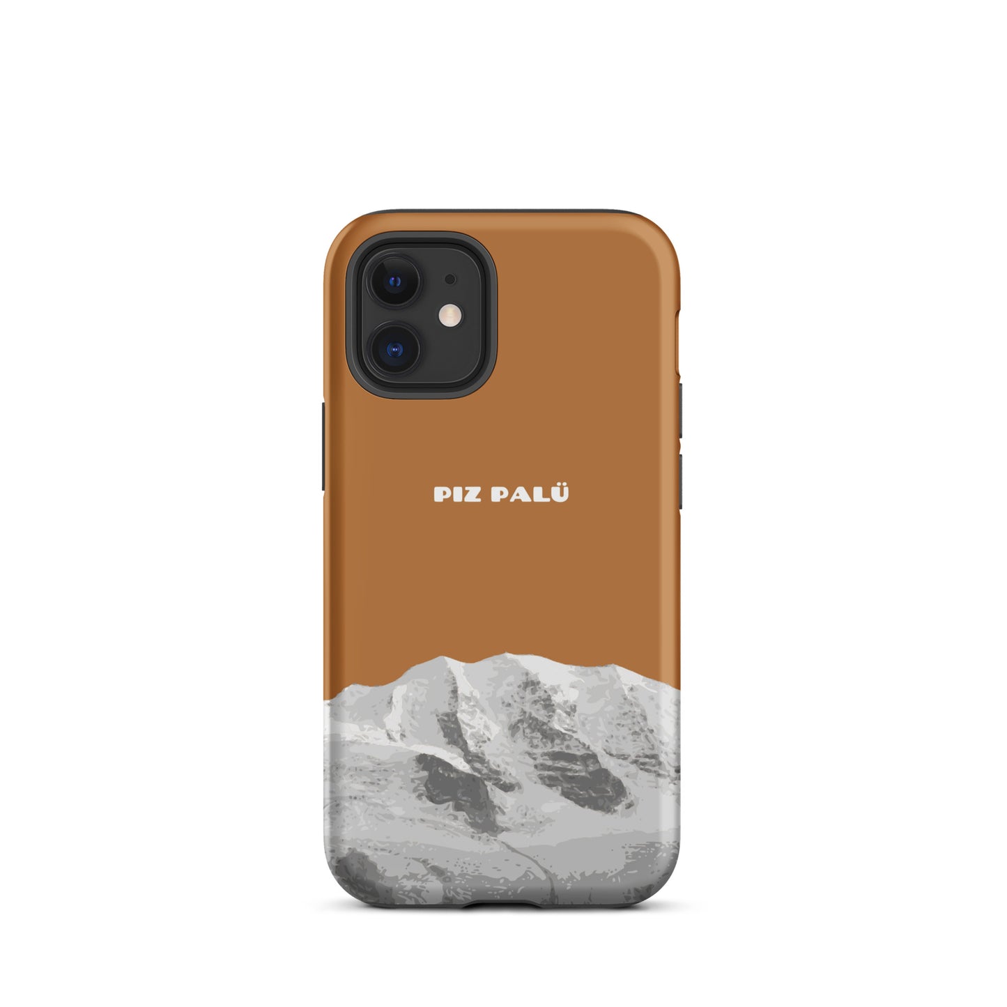 Kupferfarbene iPhone 12 Mini Hülle mit Piz Palü Design aus Graubünden.