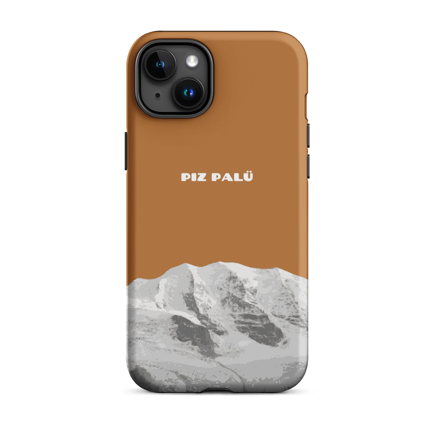 Kupferfarbene iPhone 15 Plus Hülle mit Piz Palü Motiv aus Graubünden, Schweiz.