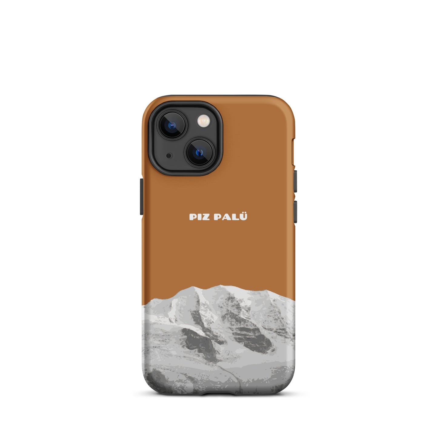 Kupferfarbene iPhone 13 Mini Handyhülle mit Piz Palü Motiv aus Graubünden.