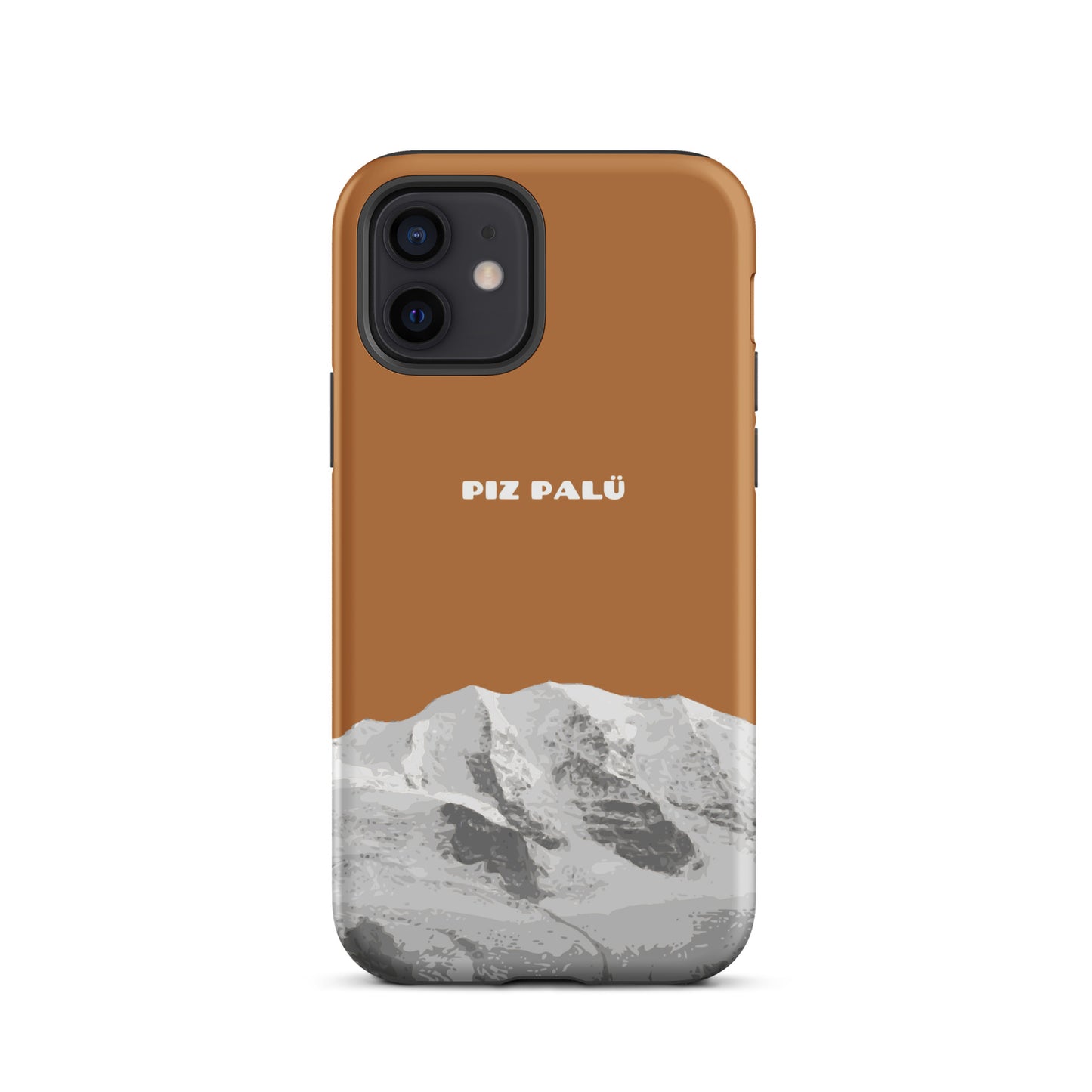 Kupferfarbene iPhone 12 Hülle mit Piz Palü Motiv aus Graubünden, robustes Design.