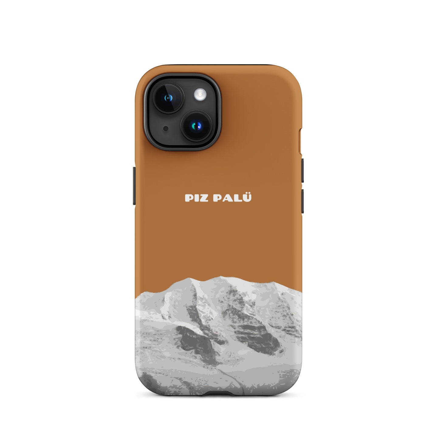 Kupferfarbene iPhone 15 Hülle mit Piz Palü Motiv aus Graubünden, Schweiz.