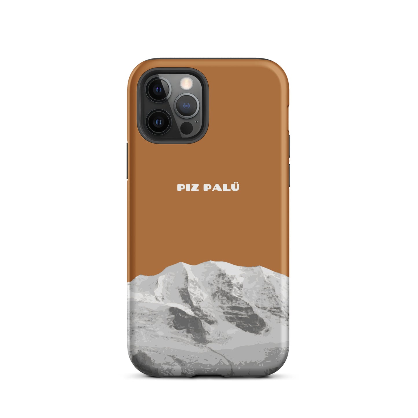 Kupferfarbene iPhone 12 Pro Hülle mit Piz Palü Motiv aus Graubünden, robustes Design.