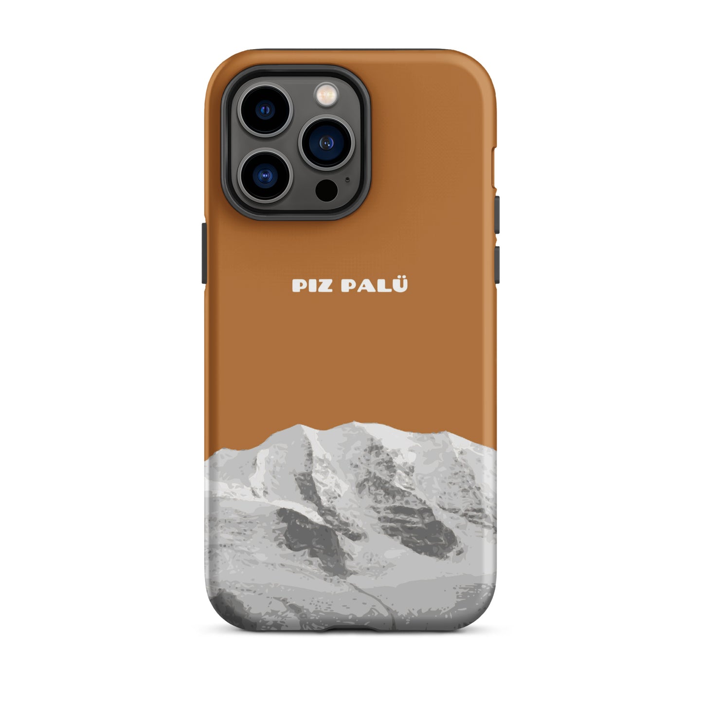Kupferfarbene iPhone 14 Pro Max Hülle mit Piz Palü Motiv aus Graubünden, hochwertiges Material.