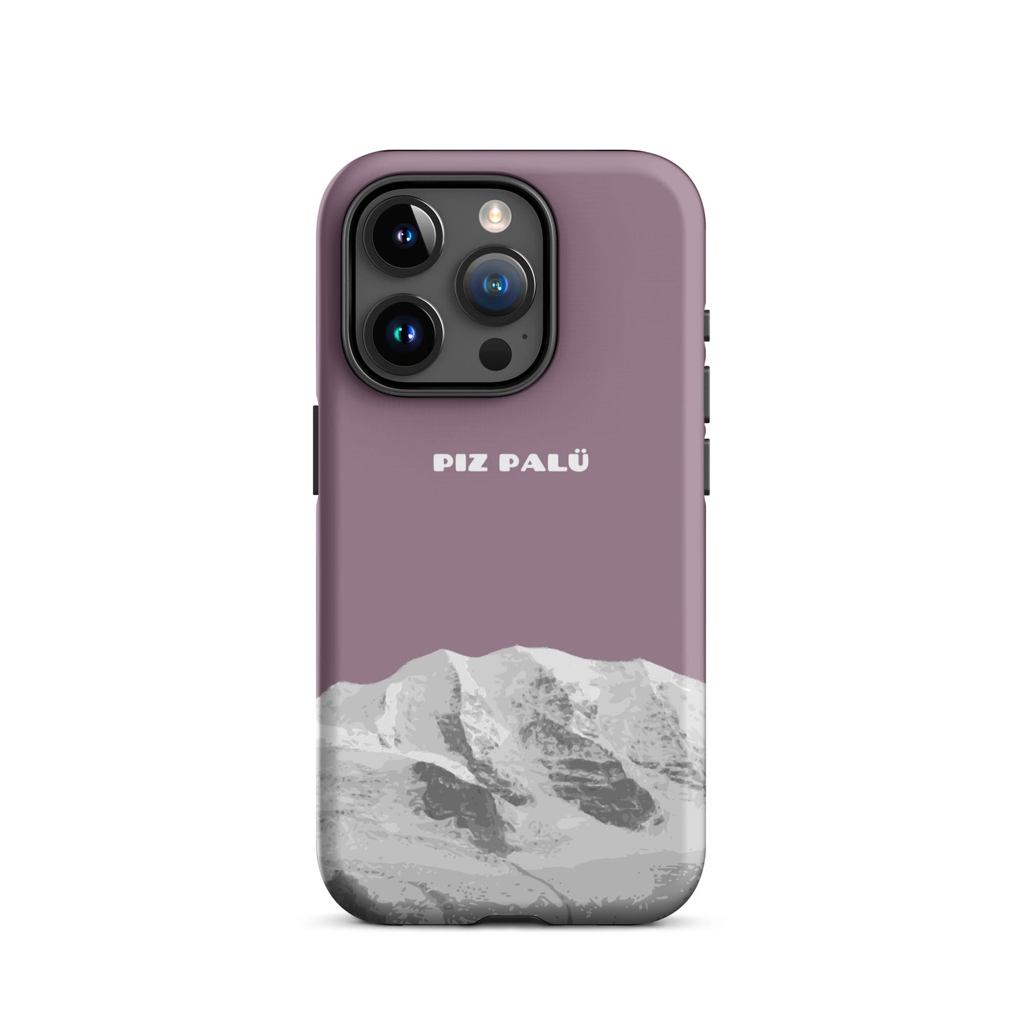 Handyhülle für iPhone 15 Pro in Pastellviolett mit Piz Palü Motiv aus Graubünden.