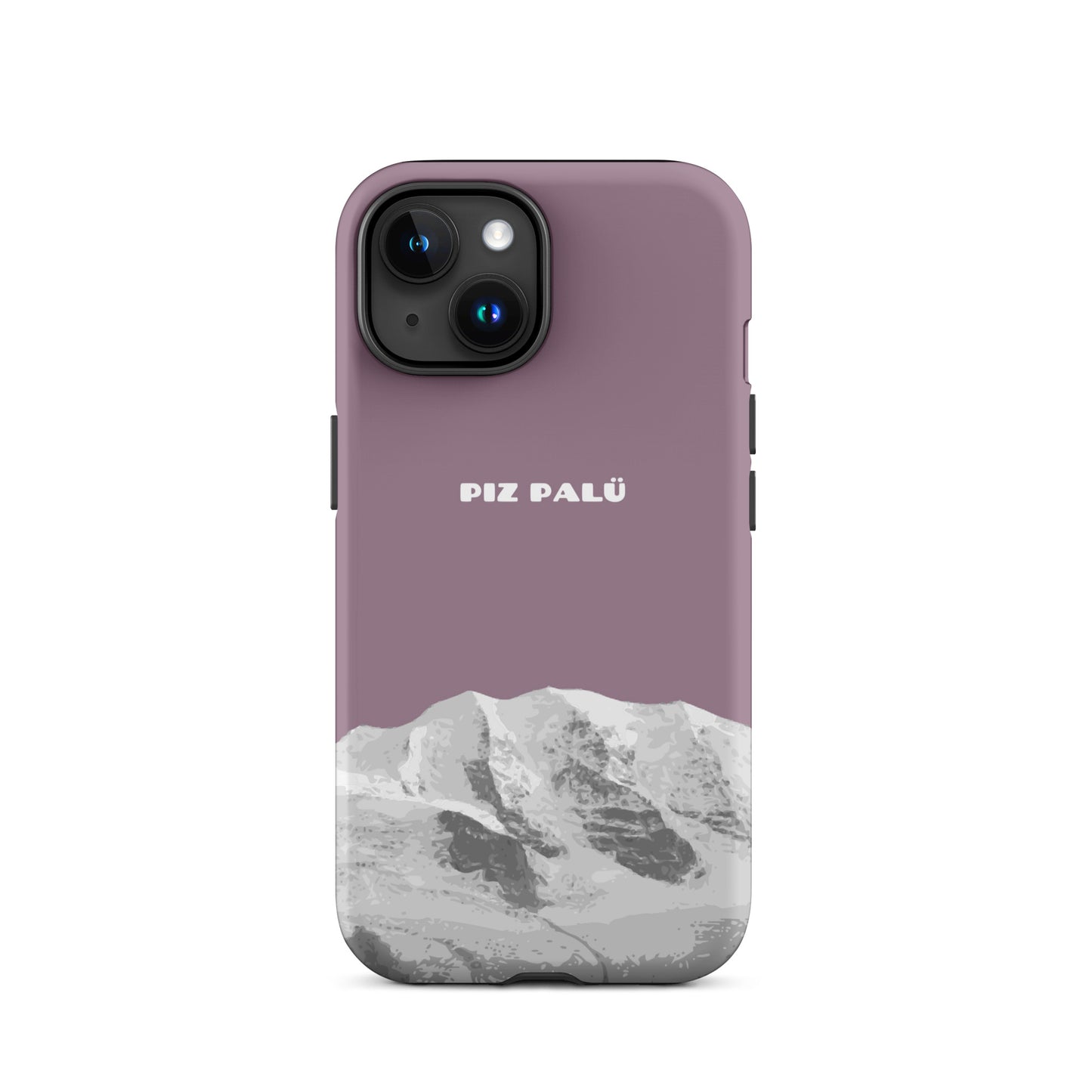 Handyhülle für iPhone 15 in Pastellviolett mit Piz Palü Motiv aus Graubünden.