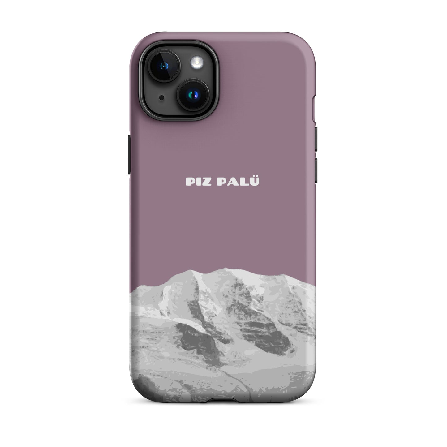 iPhone 15 Plus Hülle in Pastellviolett mit Piz Palü Motiv aus Graubünden, Schweiz.