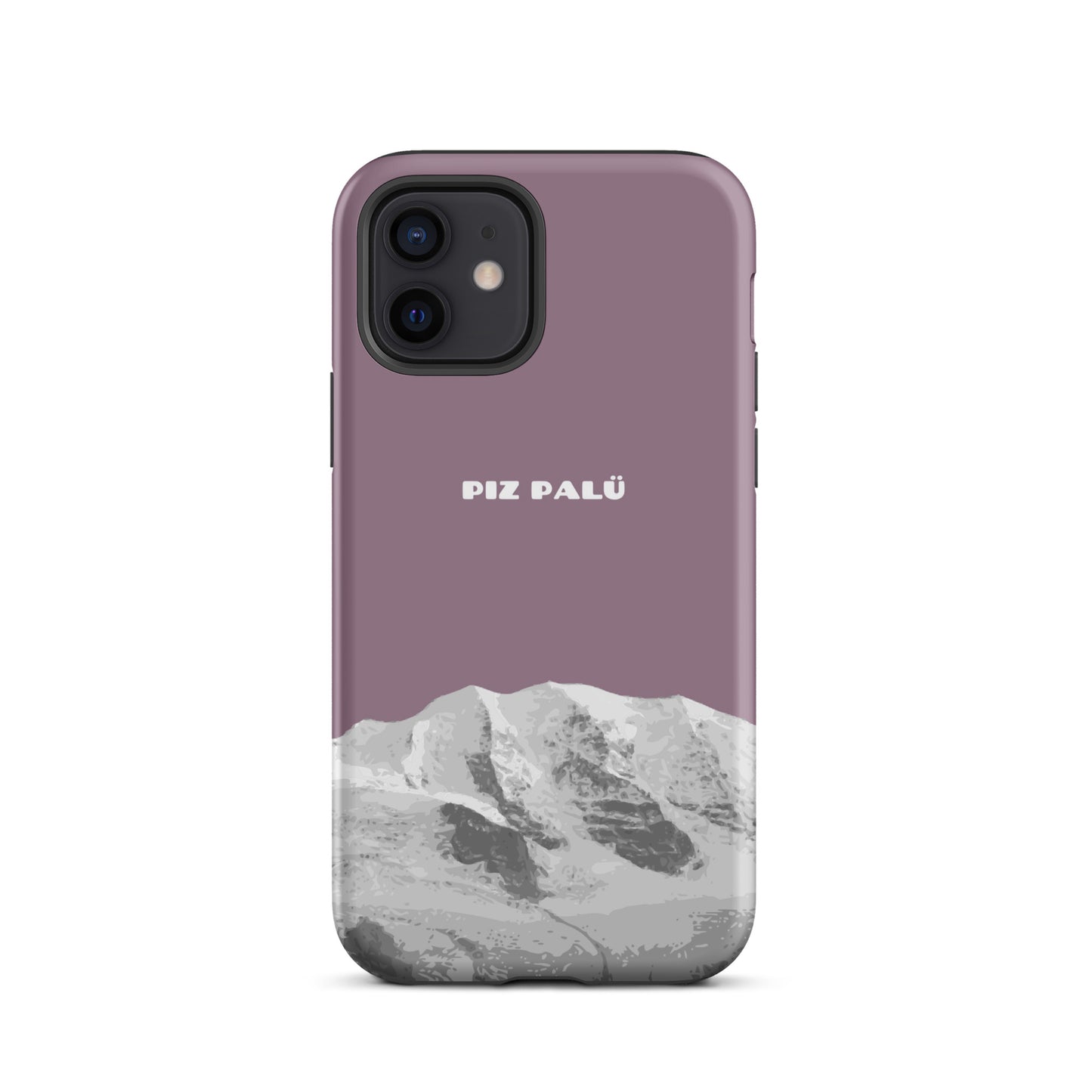 iPhone 12 Hülle in Pastellviolett mit Piz Palü Motiv aus Graubünden, Schutzhülle aus robustem Material.