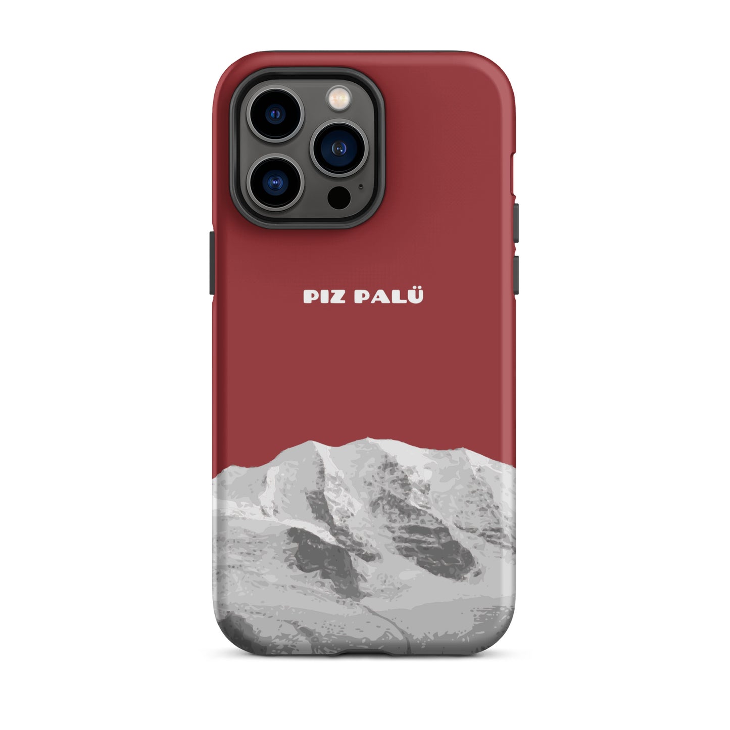 Rote iPhone 14 Pro Max Hülle mit Piz Palü Motiv aus Graubünden, robustes Design.