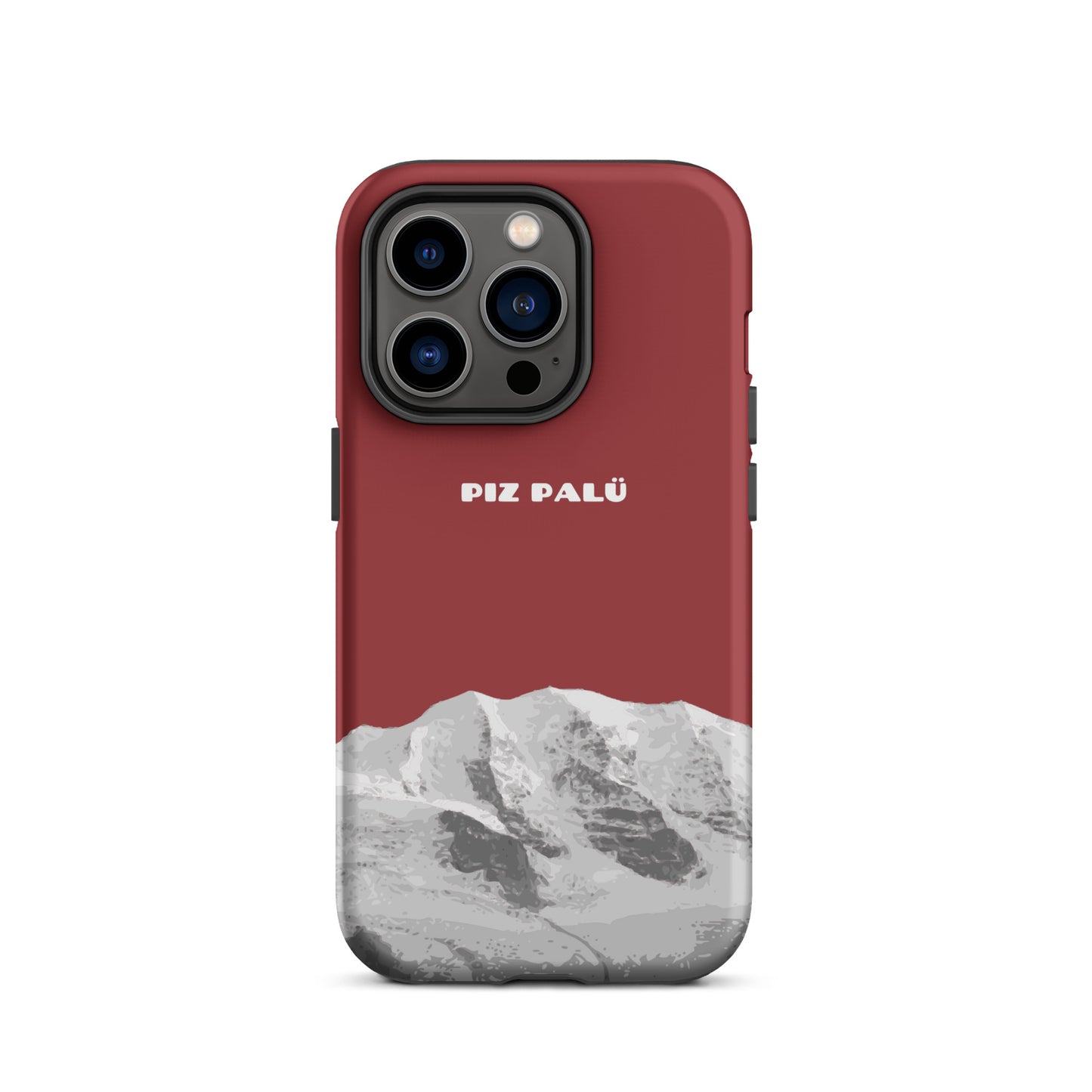 Rote iPhone 14 Pro Handyhülle mit Piz Palü Motiv aus Graubünden, Schweiz.