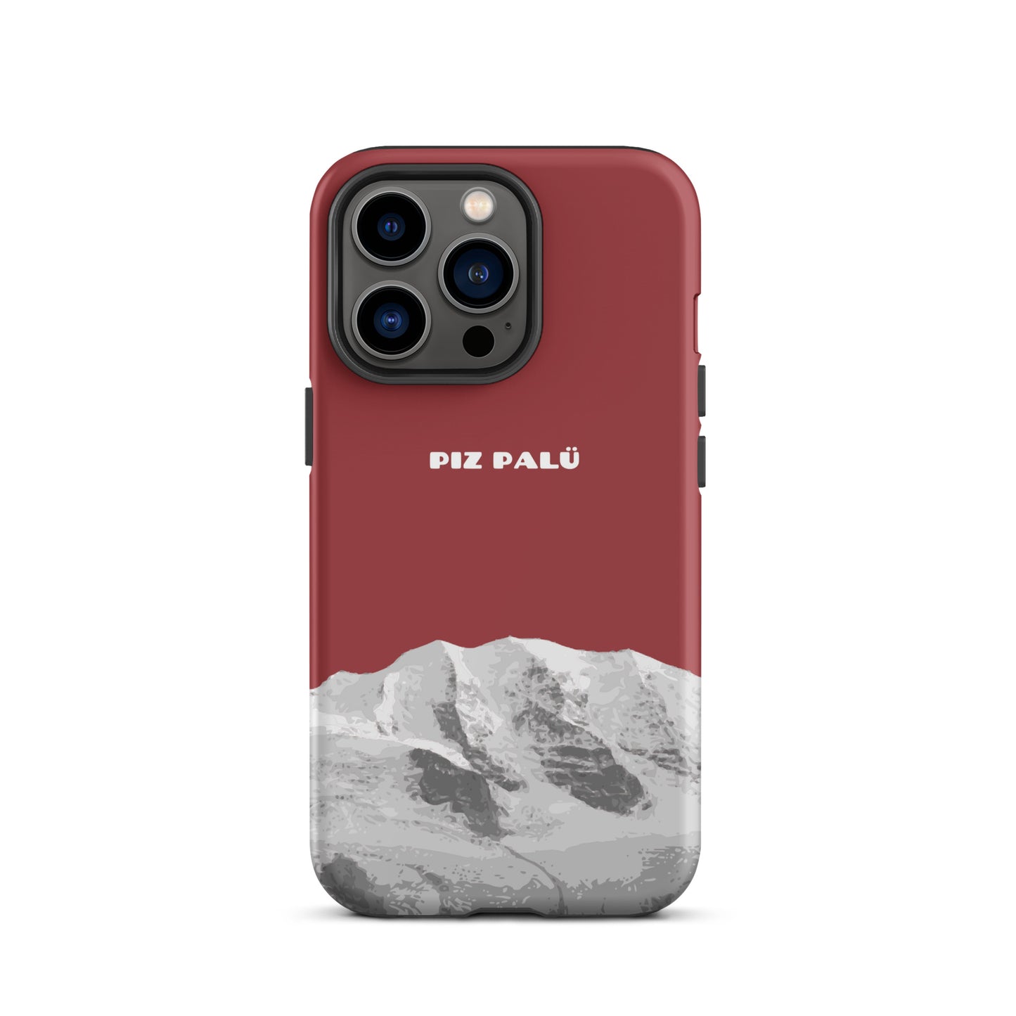 Rote iPhone 13 Pro Handyhülle mit Piz Palü Motiv aus Graubünden in Pastellviolett.
