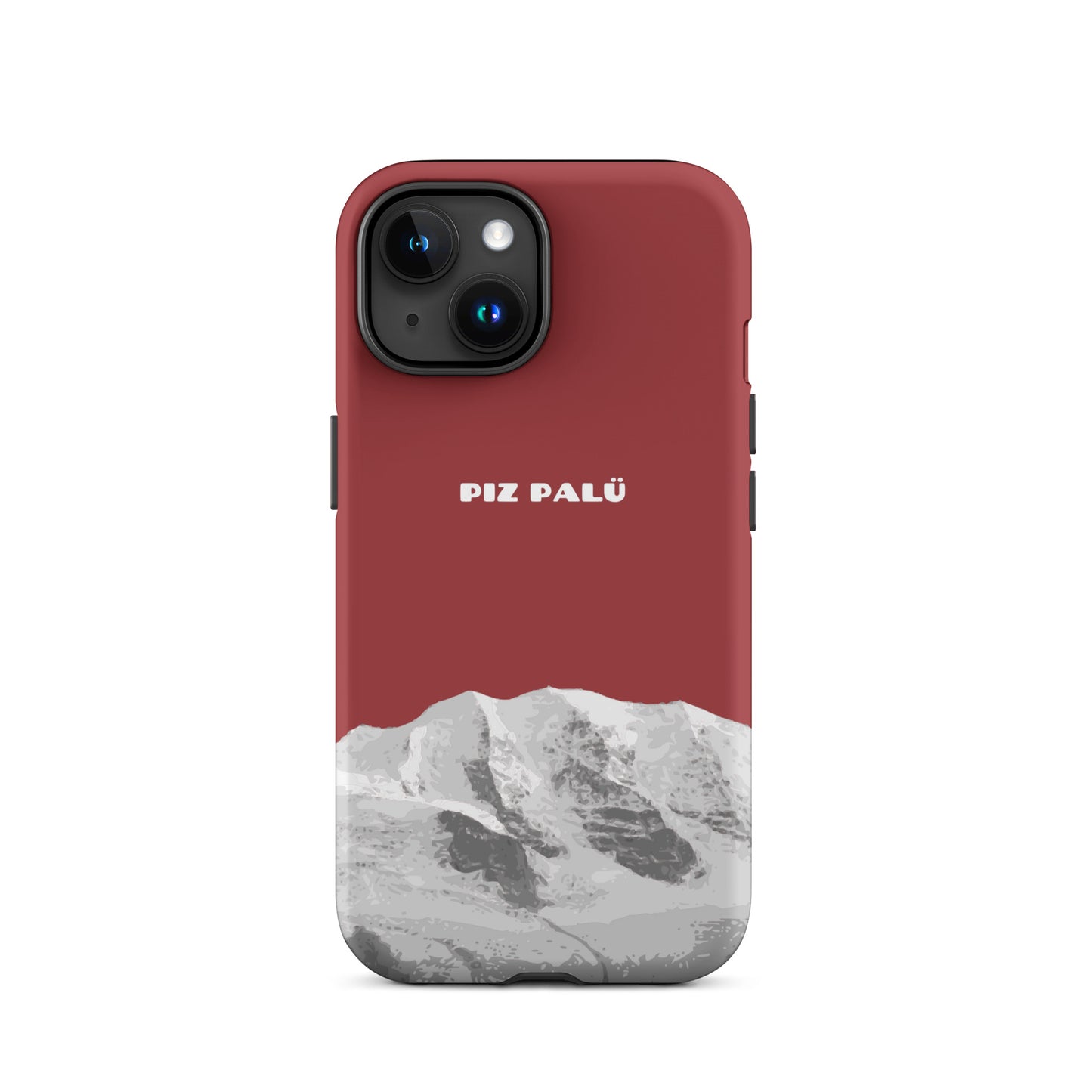 Rote iPhone 15 Handyhülle mit Piz Palü Motiv aus Graubünden, robustes Design.