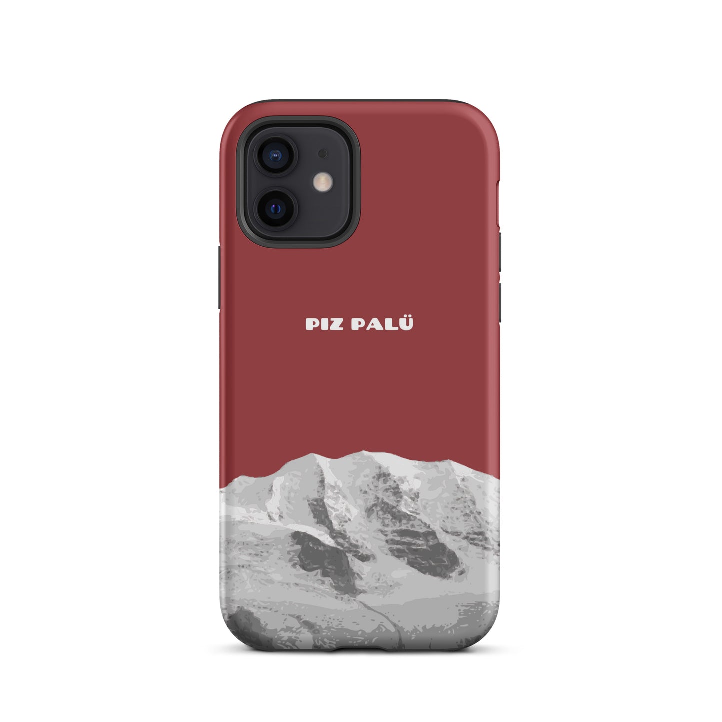 Rote iPhone 12 Hülle aus robustem Material mit Piz Palü Motiv aus Graubünden, Schweiz.