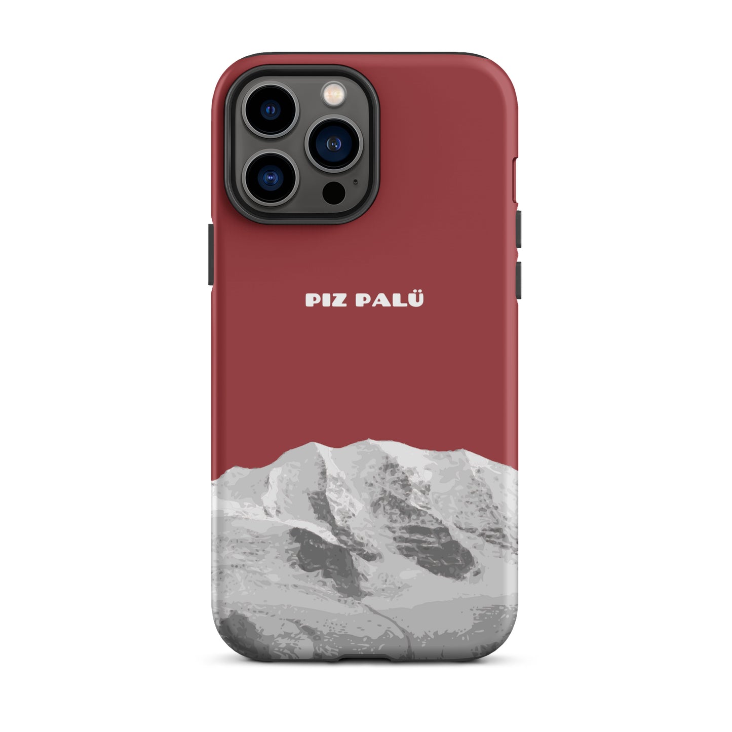 Rote iPhone 13 Pro Max Hülle mit Piz Palü Motiv aus Graubünden, stoßfest und mit präzisen Ausschnitten.