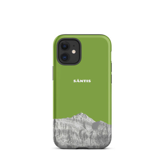 Gelbgrüne iPhone 15 Pro Max Hülle mit Säntis-Motiv aus dem Alpstein, robustes Design.