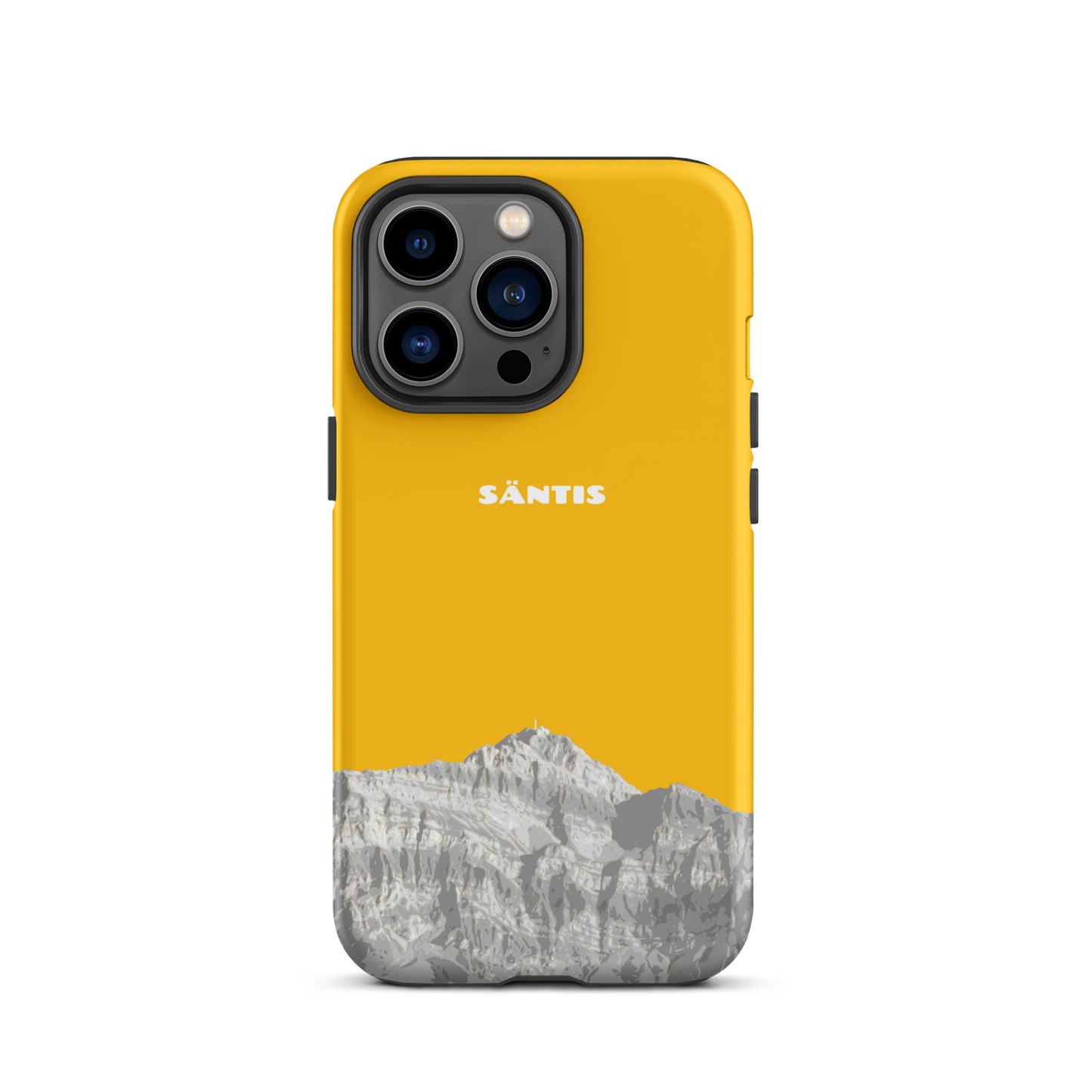 Hülle für das iPhone 13 Pro von Apple in der Farbe Goldgelb, dass den Säntis im Alpstein zeigt.