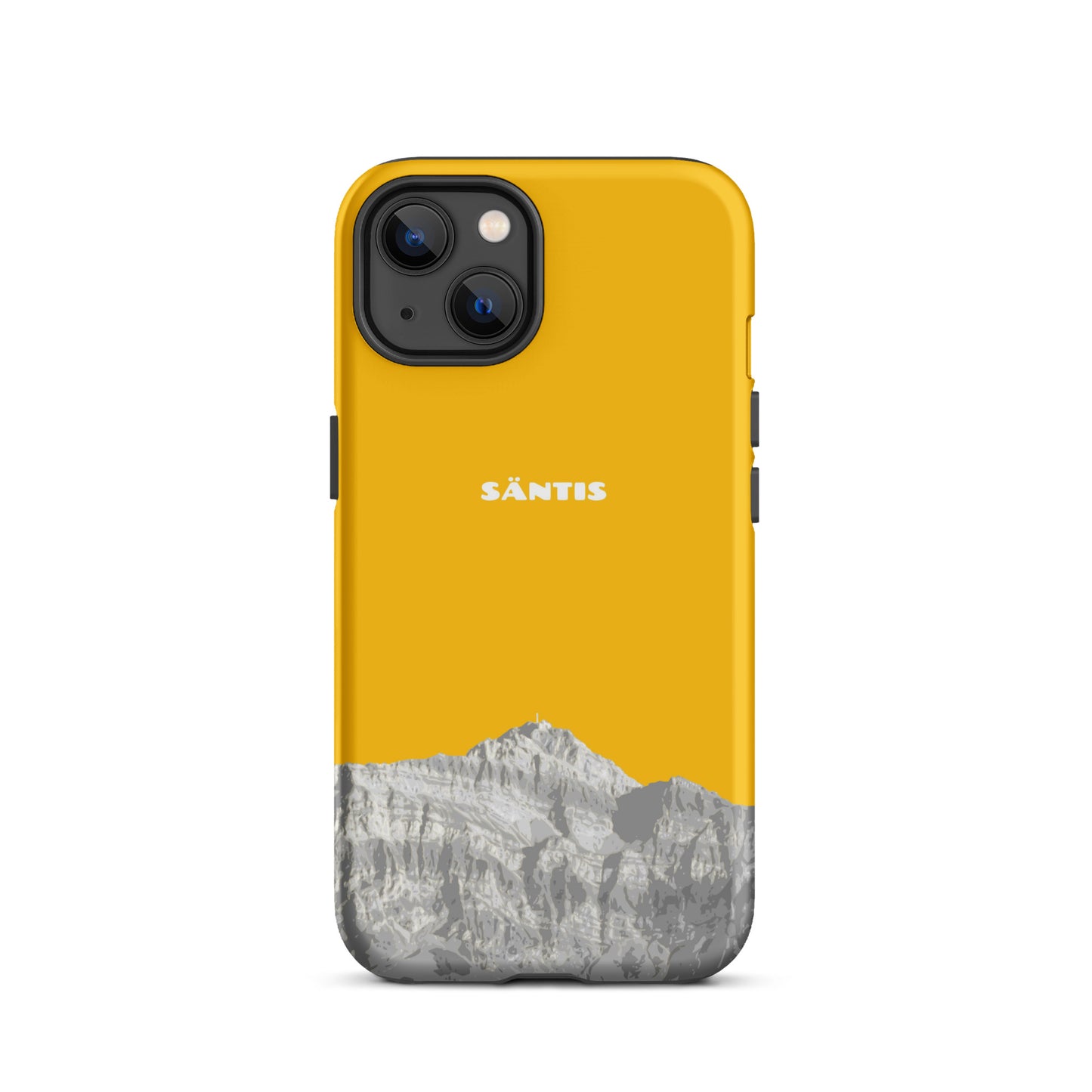 Goldgelbe iPhone 13 Handyhülle mit Säntis-Motiv aus dem Alpstein, robustes Design.