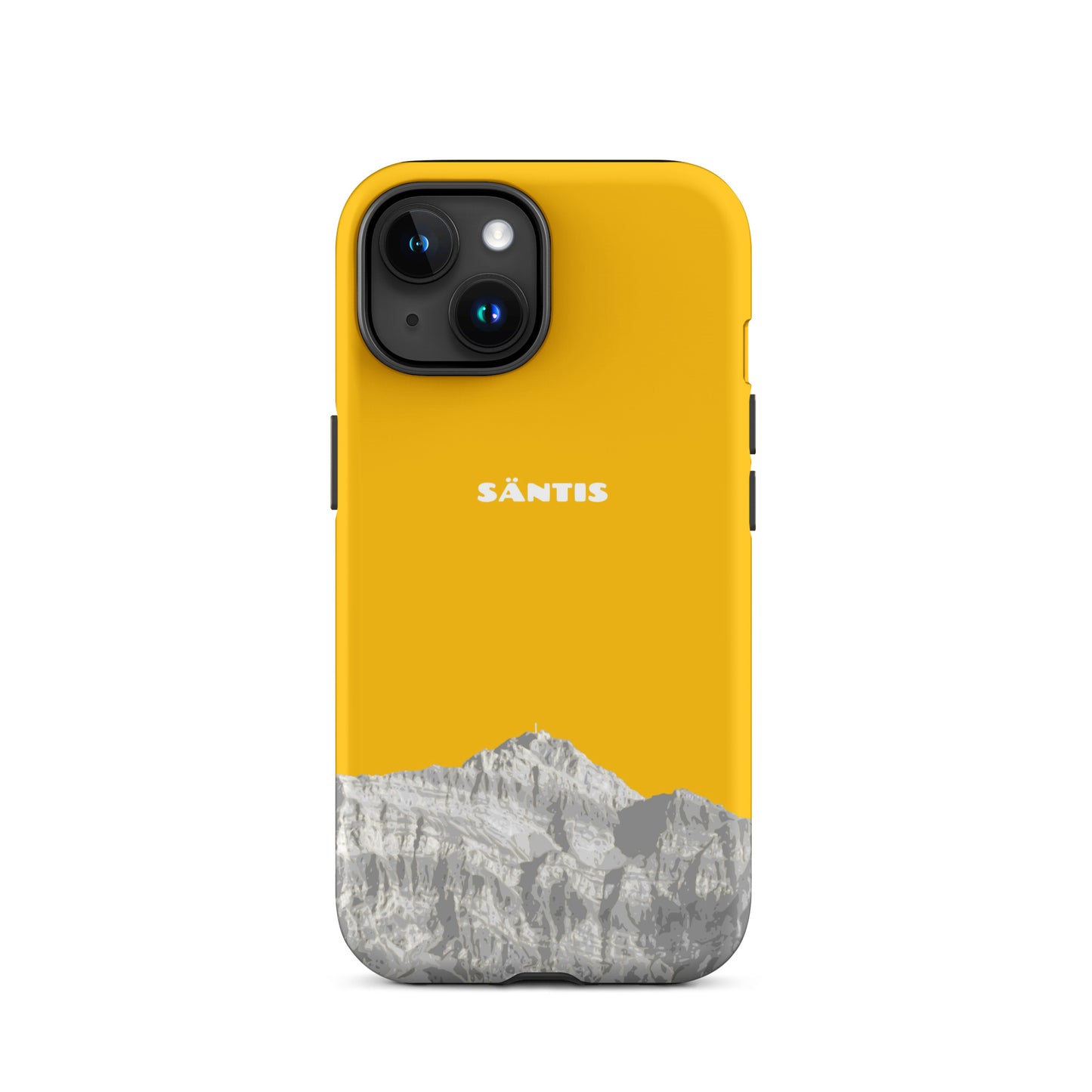 Goldgelbe iPhone 15 Hülle mit Säntis-Motiv aus dem Alpstein, hochwertiges Design, robustes Material.