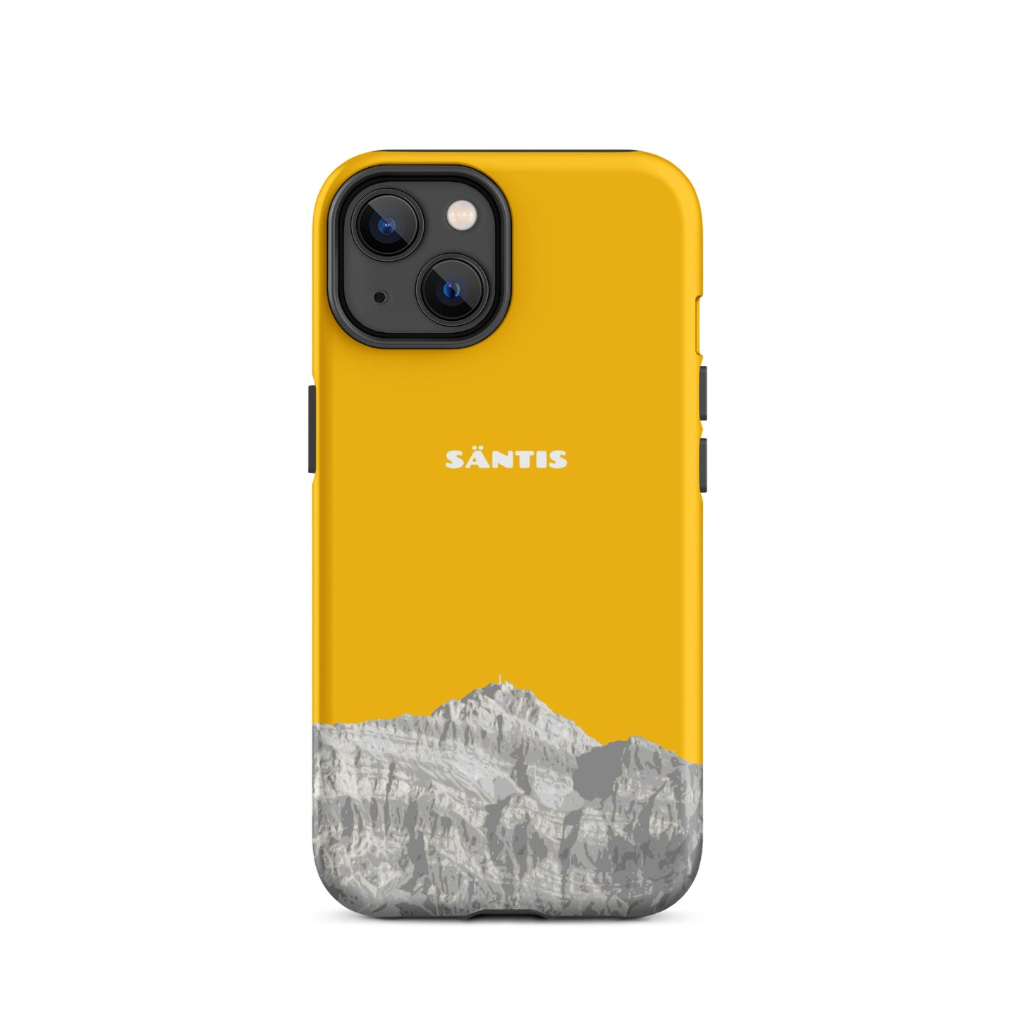 Goldgelbe iPhone 14 Hülle mit Säntis-Motiv aus dem Alpstein, hochwertiges Design.