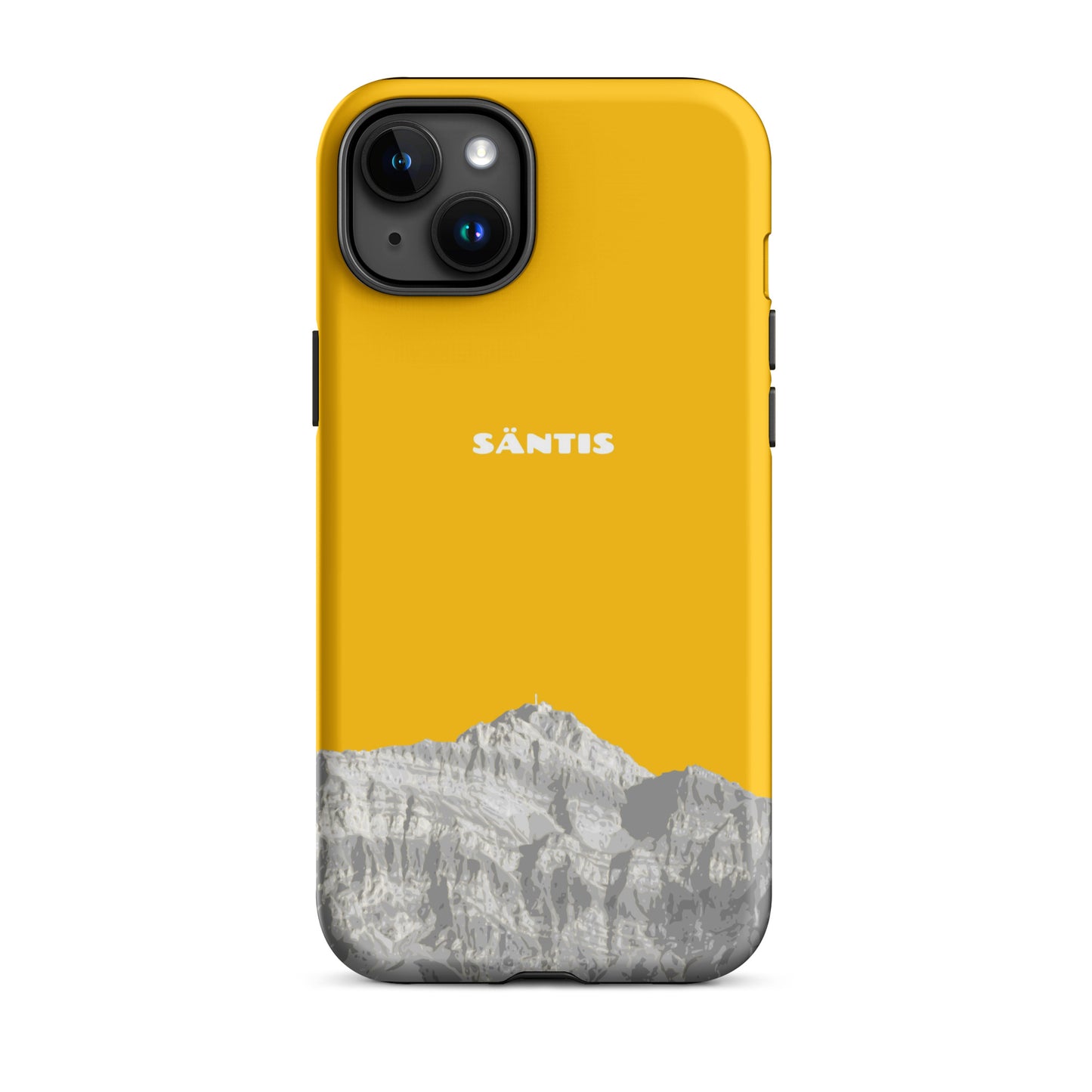 Goldgelbe iPhone 15 Plus Hülle mit Säntis-Motiv aus dem Alpstein, stoßfestes Silikon.