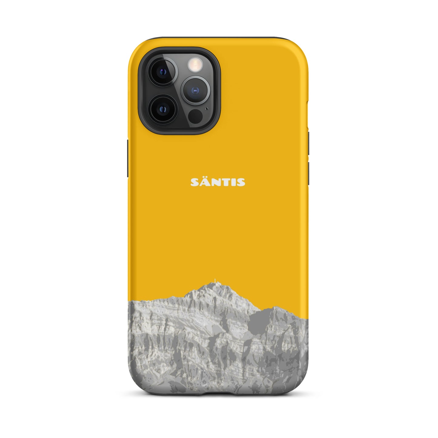 Goldgelbe iPhone-Hülle mit Säntis-Motiv aus dem Alpstein, passend für iPhone 12 Pro Max.