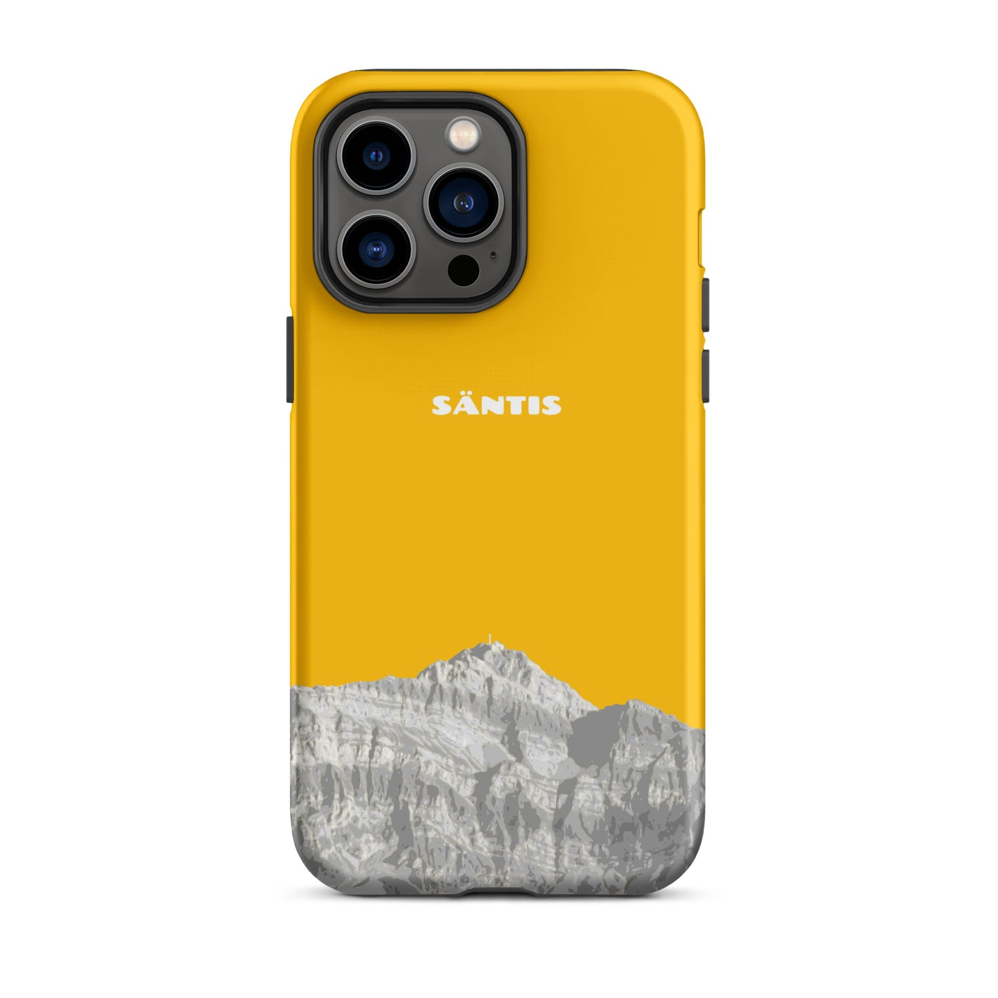 Goldgelbe iPhone 14 Pro Max Hülle mit Säntis-Motiv aus dem Alpstein, hochwertige Schutzhülle.