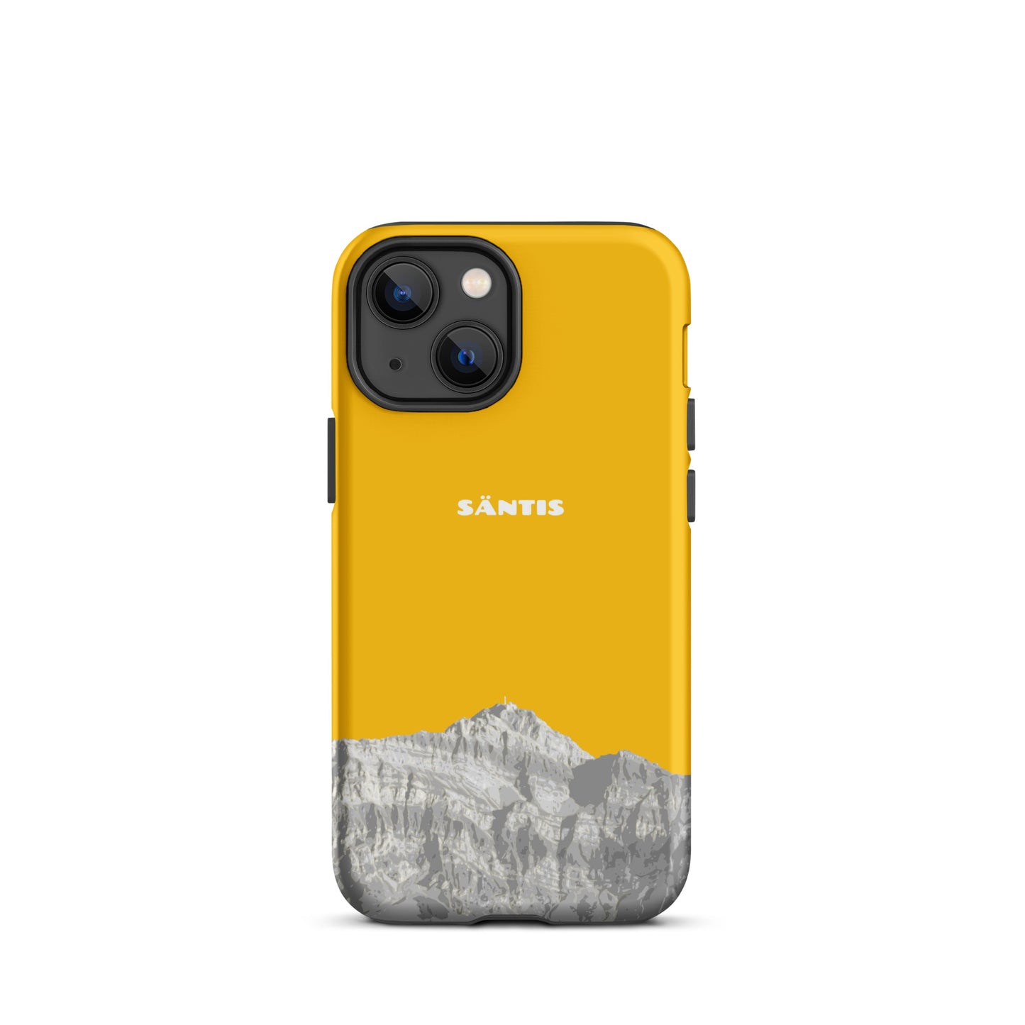 Goldgelbe iPhone 13 mini Hülle mit Säntis-Motiv aus dem Alpstein, premium Schutzhülle.