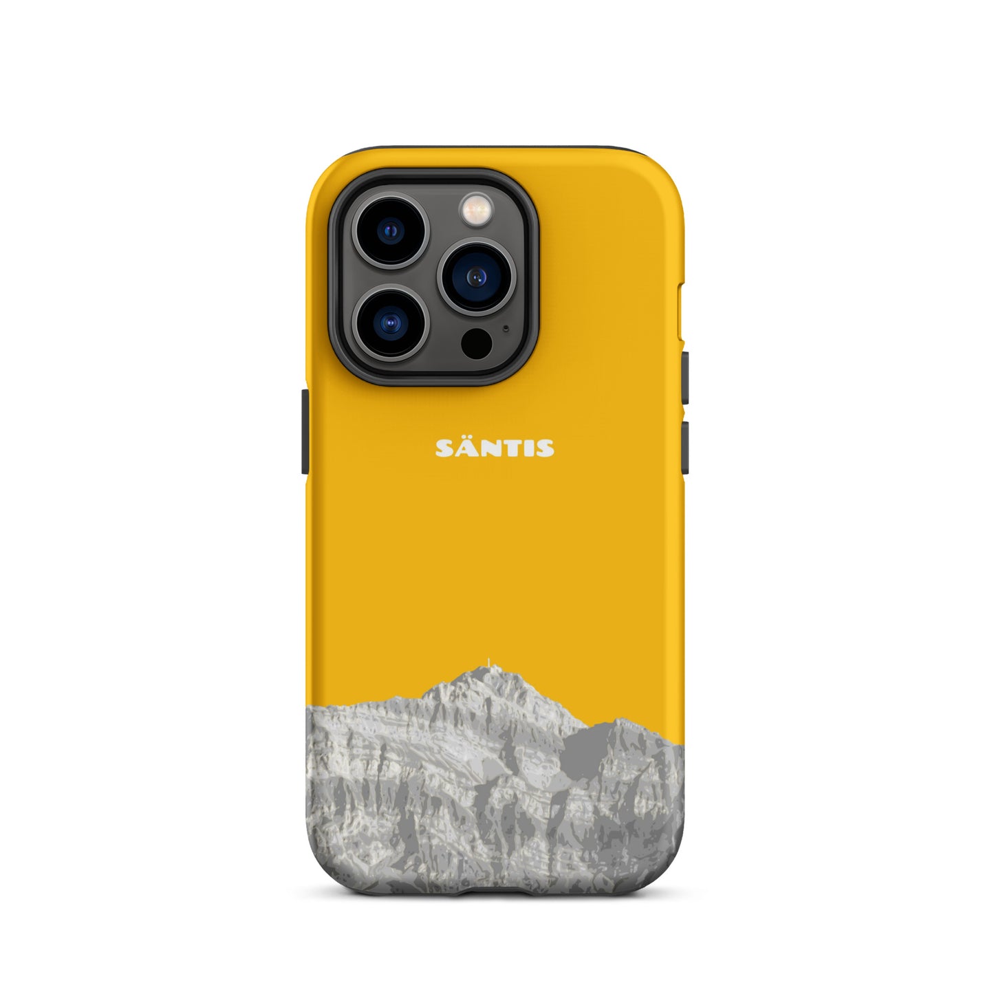 Goldgelbe iPhone 14 Pro Hülle mit Säntis-Motiv aus dem Alpstein.