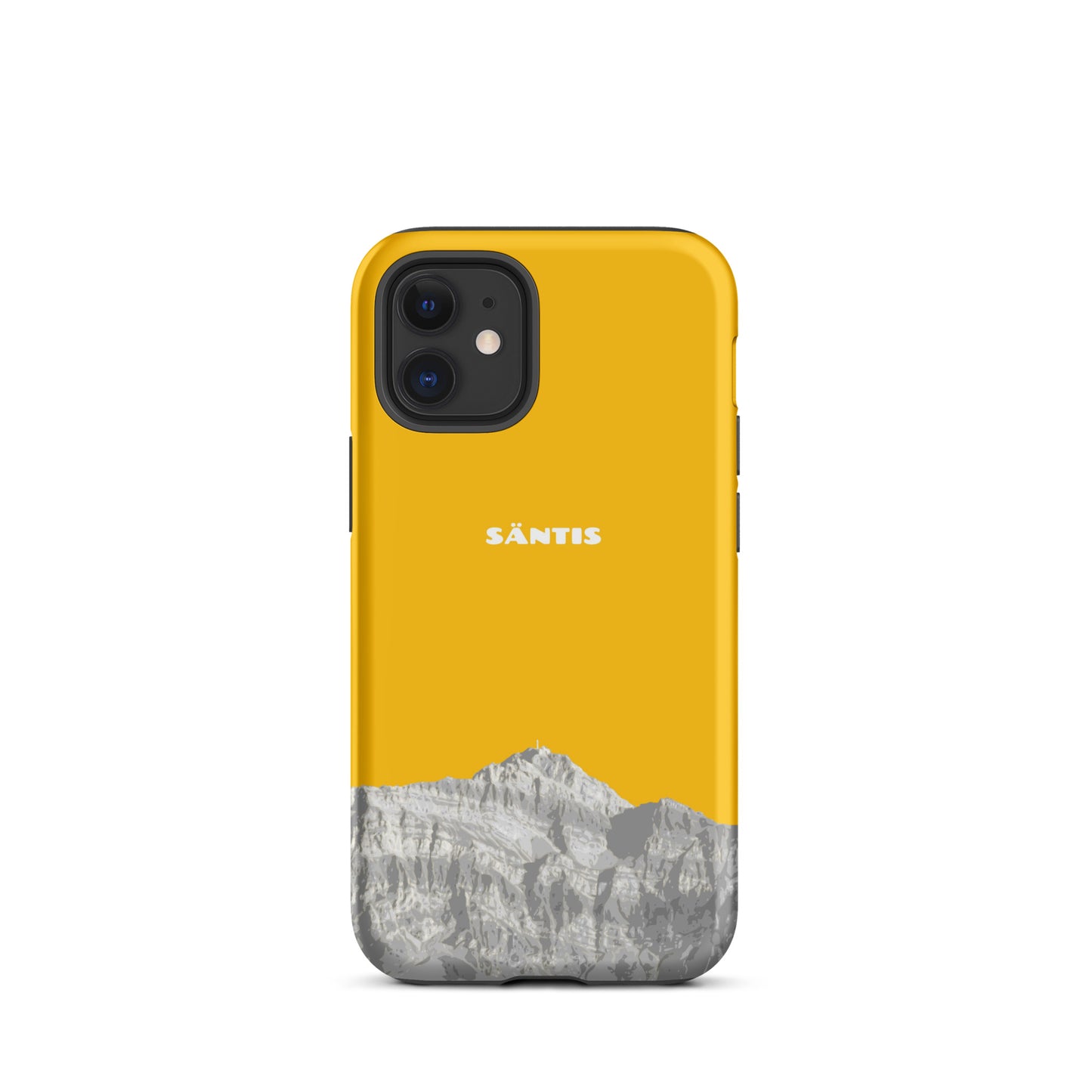 Goldgelbe iPhone 12 mini Hülle mit Säntis-Motiv aus dem Alpstein, hochwertiges Design, präzise Passform.