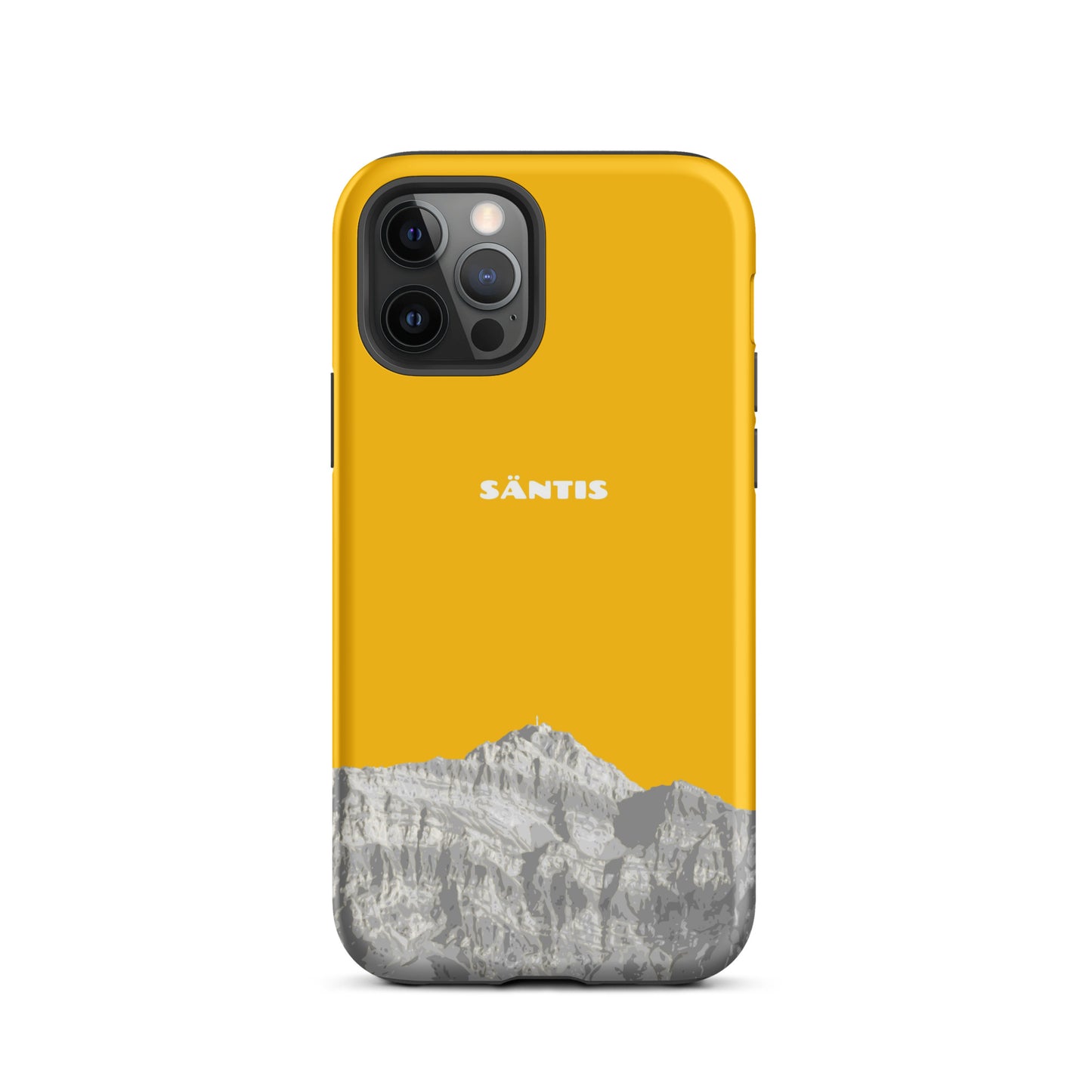 Goldgelbe iPhone 12 Pro Handyhülle mit Säntis-Motiv aus dem Alpstein, hochwertiges Design
