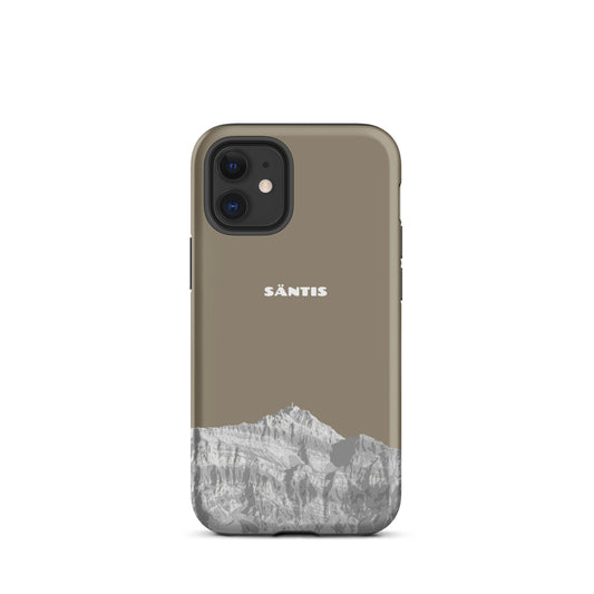 Robuste iPhone 15 Pro Max Hülle in Graubraun mit Säntis-Motiv aus dem Alpstein, ideal für Outdoor-Liebhaber.