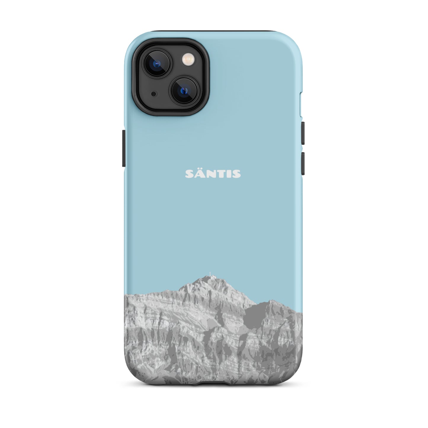 iPhone 14 Plus Hülle in Hellblau mit Säntis-Motiv aus dem Alpstein, stoßfest und schlank.