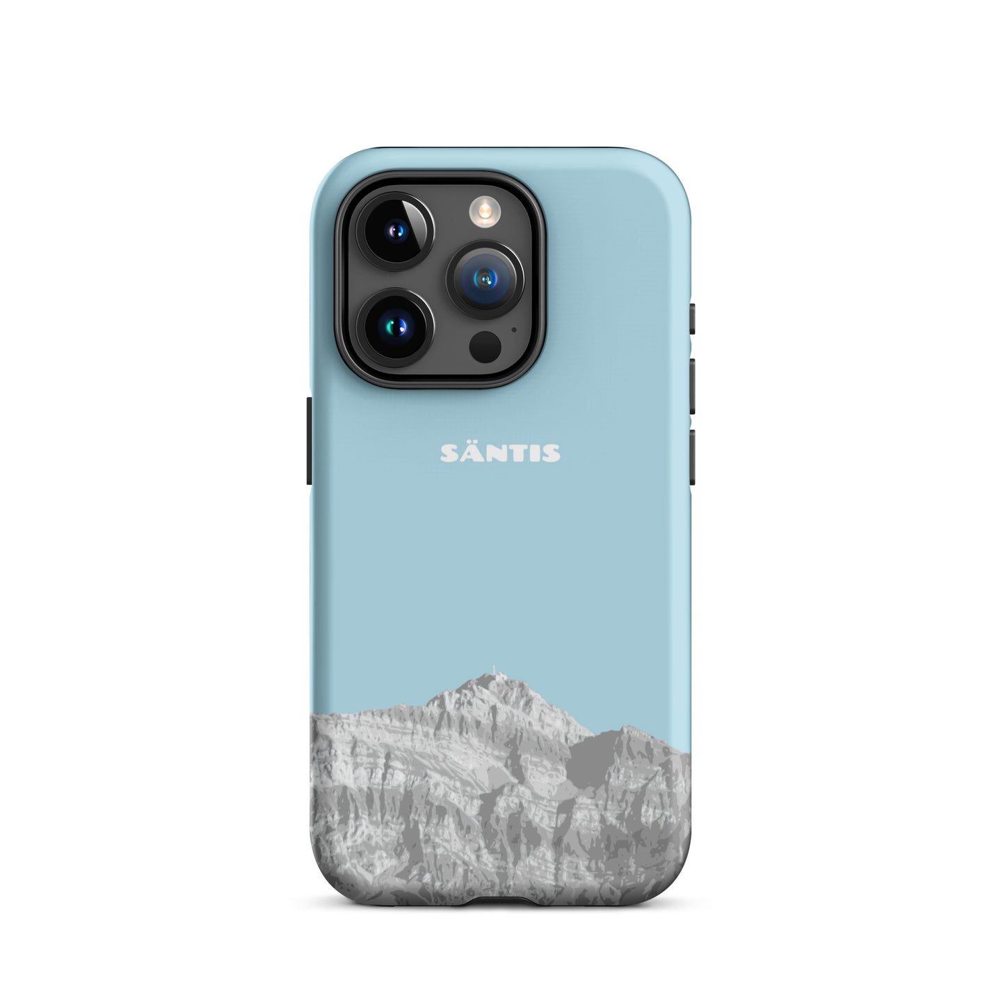 Hellblaue iPhone 15 Pro Handyhülle mit Säntis-Motiv aus dem Alpstein, stoßfestes Design.