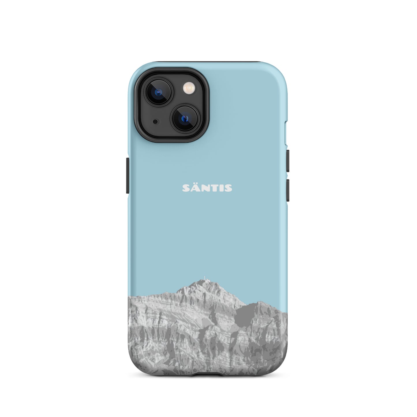 Hellblaue iPhone 14 Hülle mit Säntis-Motiv aus dem Alpstein, Vorderansicht.