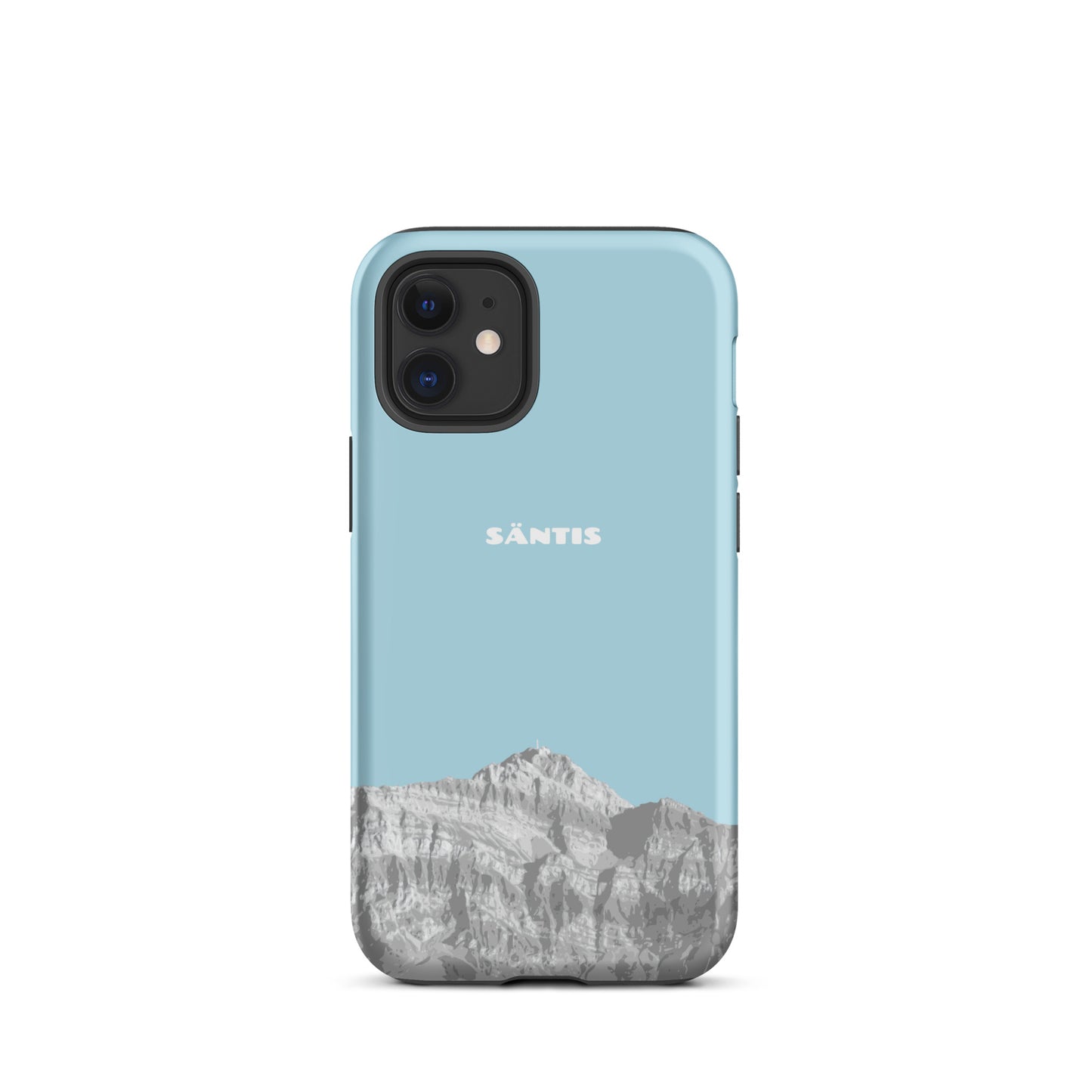 Hellblaue iPhone 12 Mini Hülle mit Säntis-Motiv aus dem Alpstein, schützende Silikonhülle.