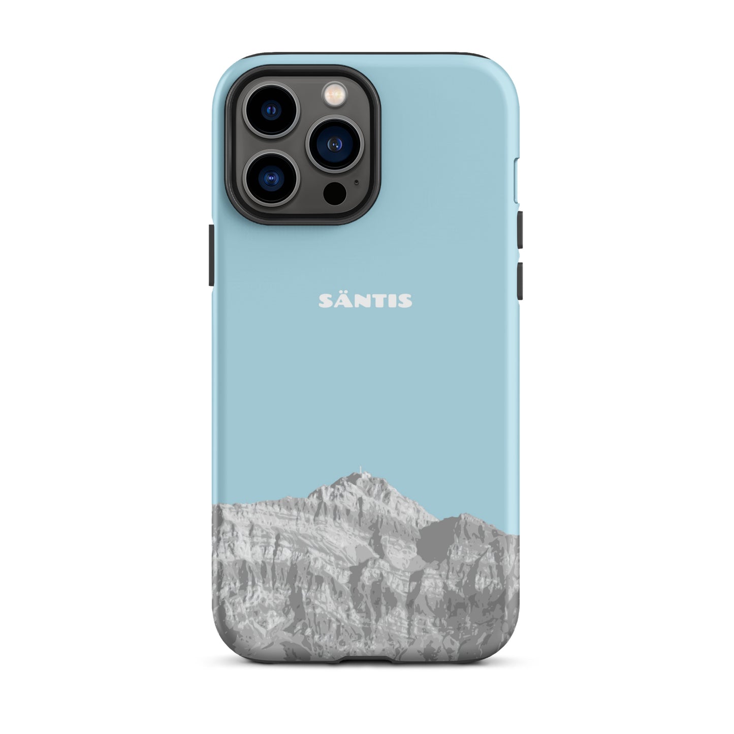 iPhone 13 Pro Max Hülle in Hellblau mit Säntis-Motiv aus dem Alpstein, stoßfestes Silikon.