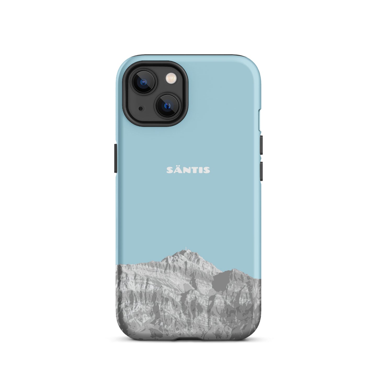 iPhone 13 Hülle in Hellblau mit Säntis-Motiv aus dem Alpstein, robustes Design.