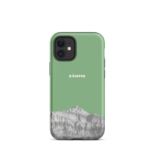 Hellgrüne iPhone 15 Pro Max Handyhülle mit Säntis-Motiv aus dem Alpstein, robustes Design.