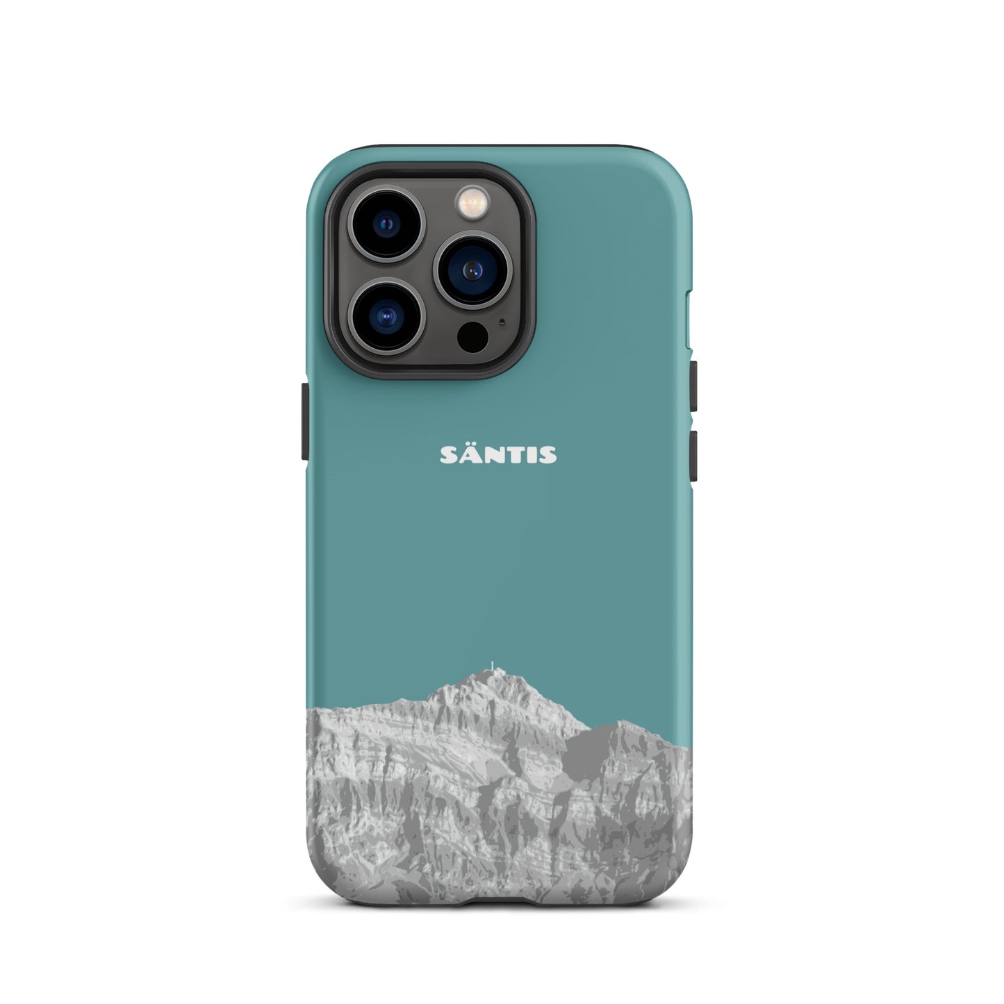 Kadettenblaue iPhone 13 Pro Hülle aus robustem Material mit Säntis-Alpstein-Design, Schutz für Ihr Telefon
