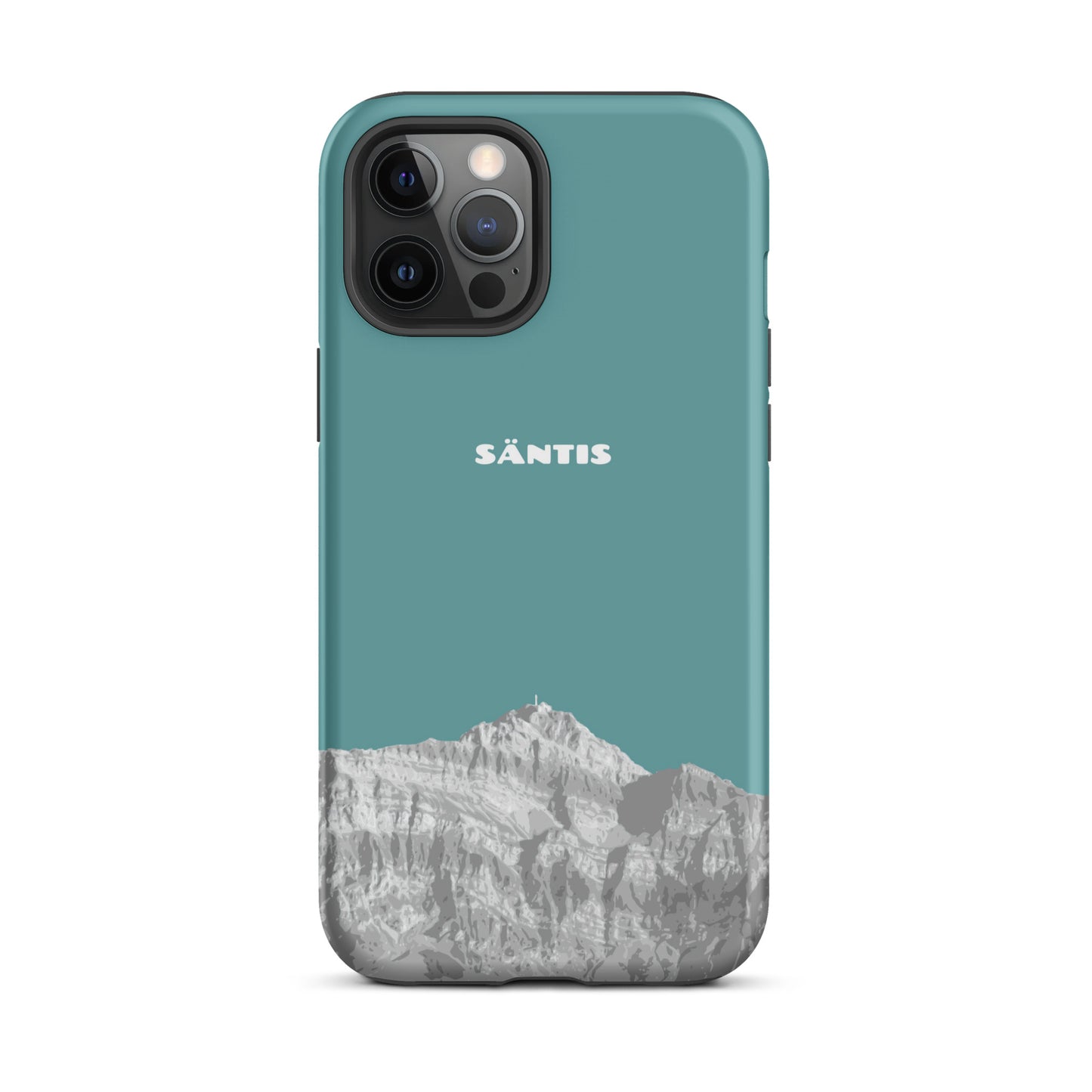 iPhone 12 Pro Max Hülle in Kadettenblau mit Säntis-Motiv aus dem Alpstein, robustes Design.