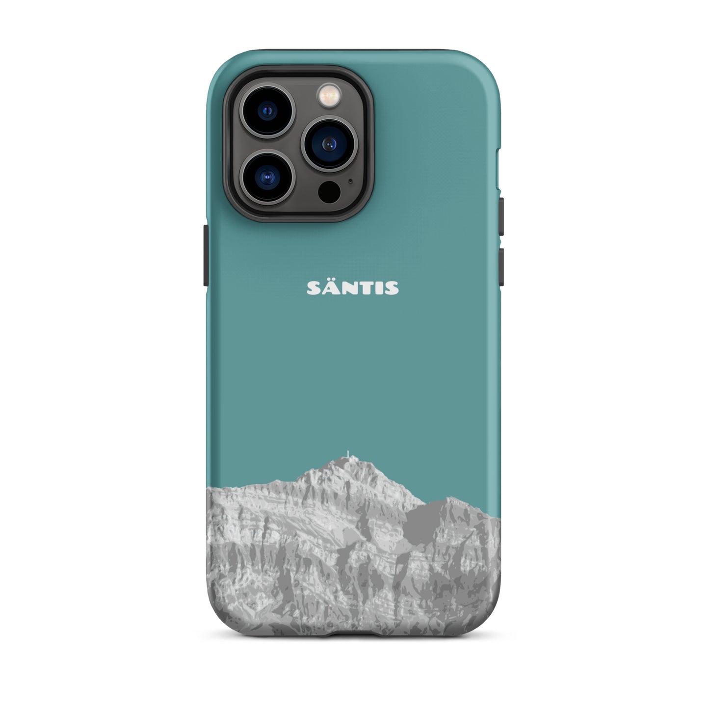 Kadettenblaue iPhone 14 Pro Max Hülle mit Säntis-Motiv aus strapazierfähigem Material, Detailansicht des Alpstein-Designs.