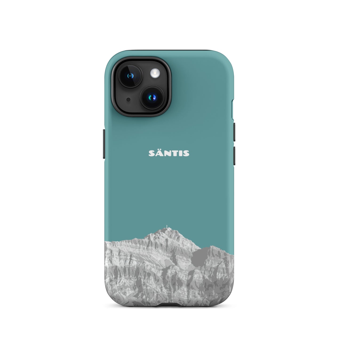 Kadettenblaue iPhone 15 Hülle mit Säntis-Motiv aus dem Alpstein, robustes Design.